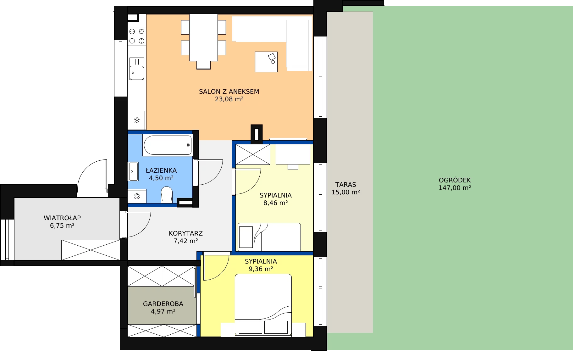 3 pokoje, mieszkanie 63,29 m², parter, oferta nr 5, Wiśniowe Wzgórza, Wiśniówka, Dąbrowa-Osiedle 47