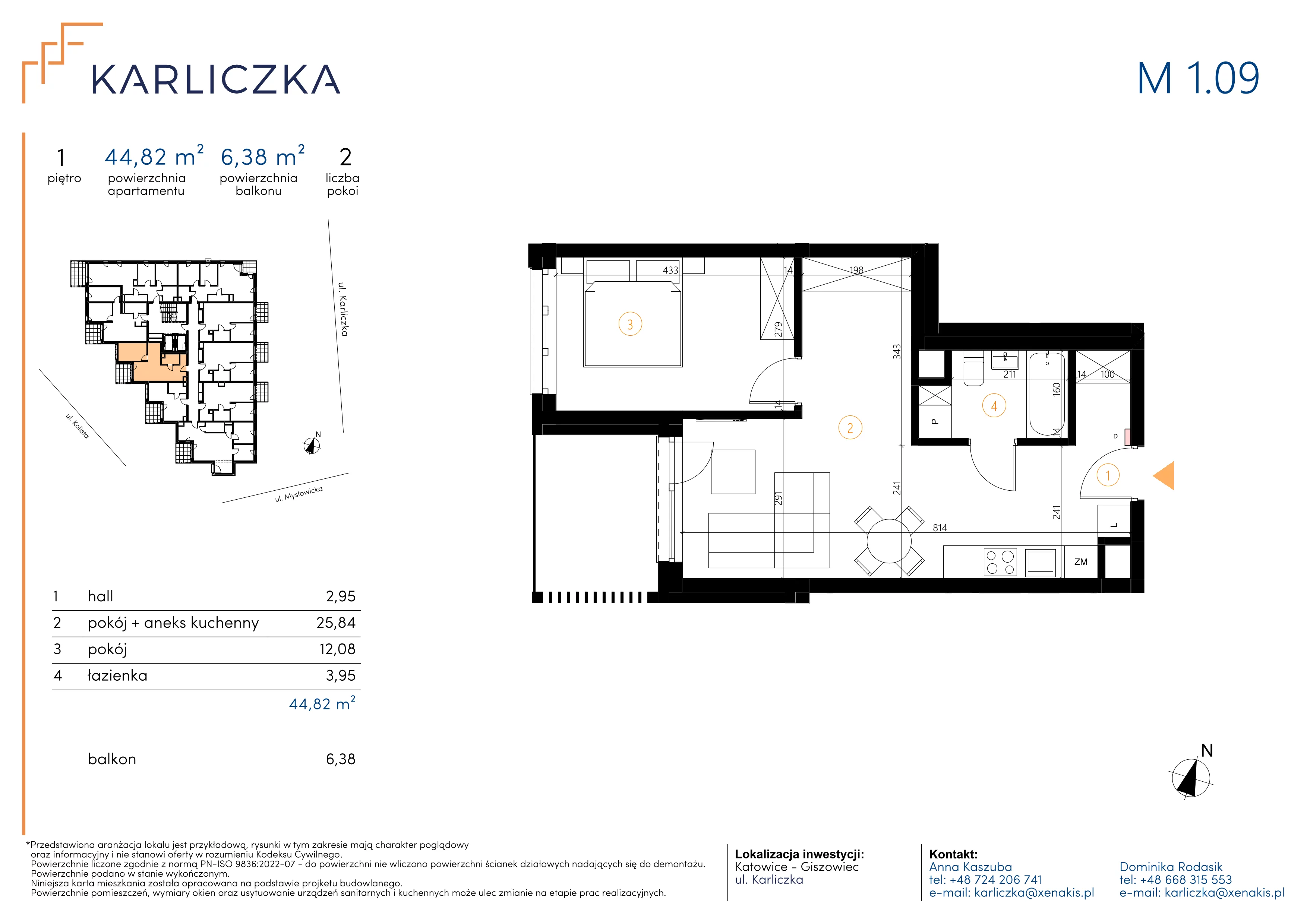 2 pokoje, mieszkanie 44,82 m², piętro 1, oferta nr A.1.09, Karliczka, Katowice, Giszowiec, ul. Karliczka
