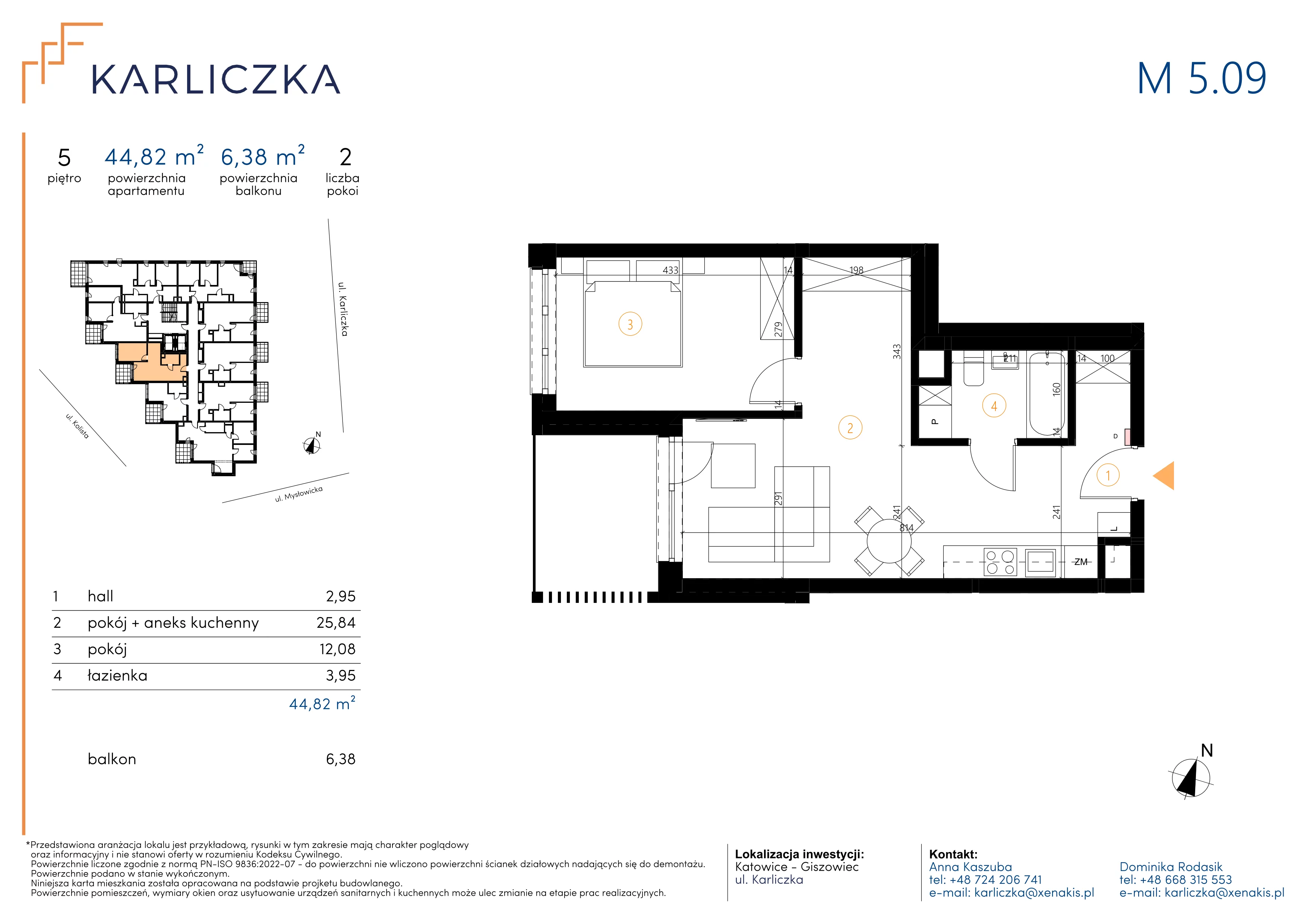 2 pokoje, mieszkanie 44,82 m², piętro 5, oferta nr A.5.09, Karliczka, Katowice, Giszowiec, ul. Karliczka