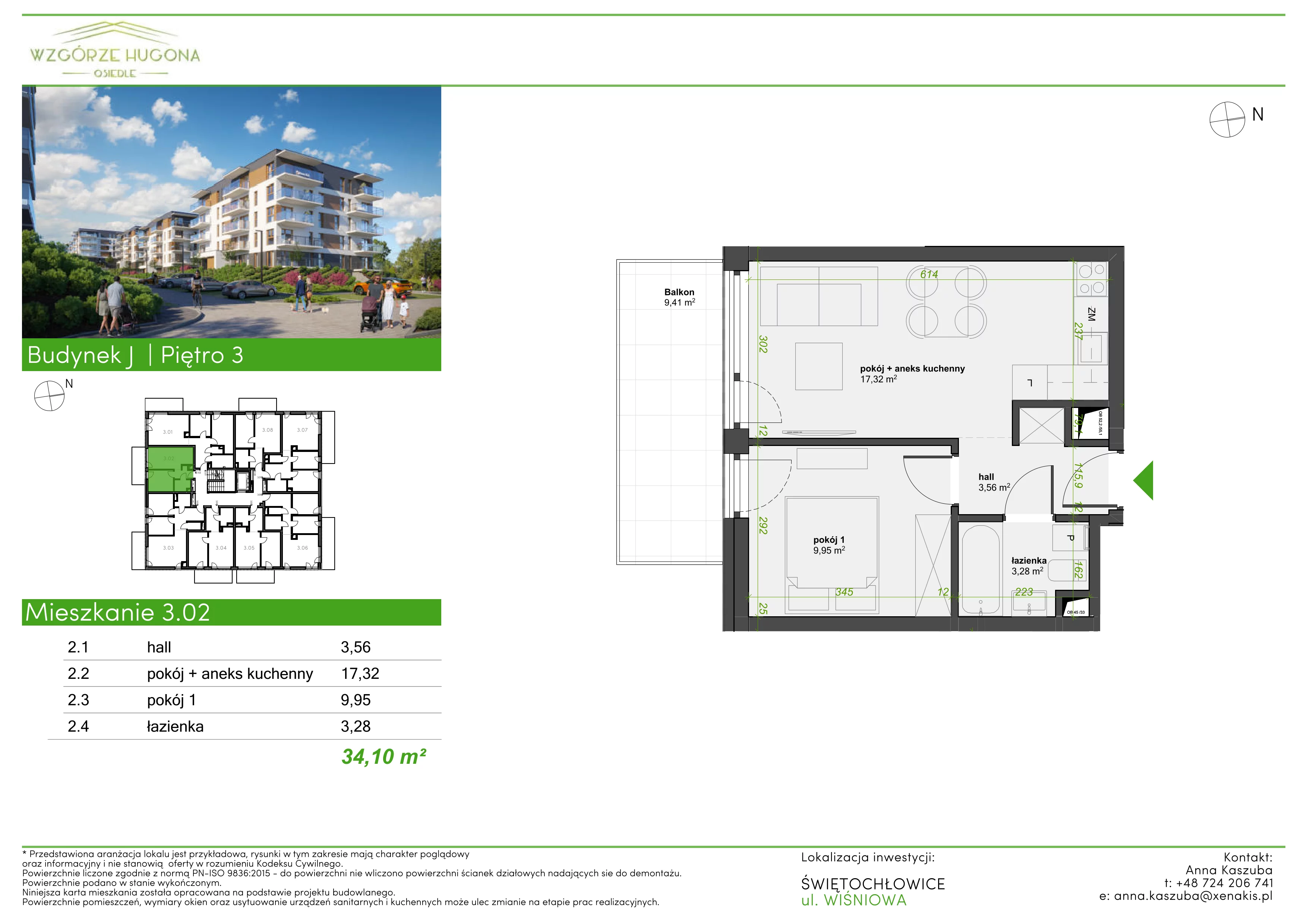 2 pokoje, mieszkanie 34,10 m², piętro 3, oferta nr J.3.02, Wzgórze Hugona, Świętochłowice, ul. Wiśniowa