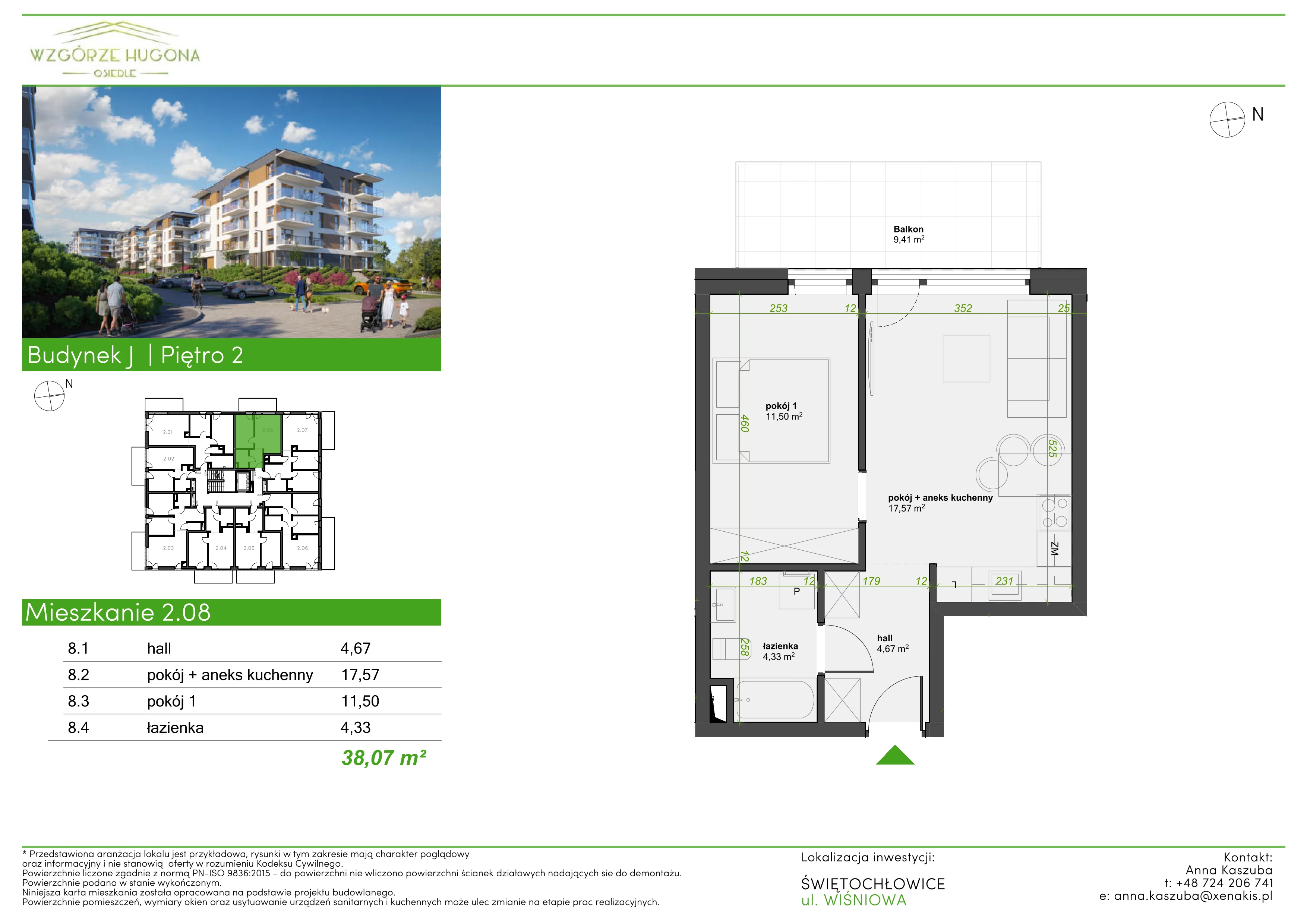 2 pokoje, mieszkanie 38,07 m², piętro 2, oferta nr J.2.08, Wzgórze Hugona, Świętochłowice, ul. Wiśniowa