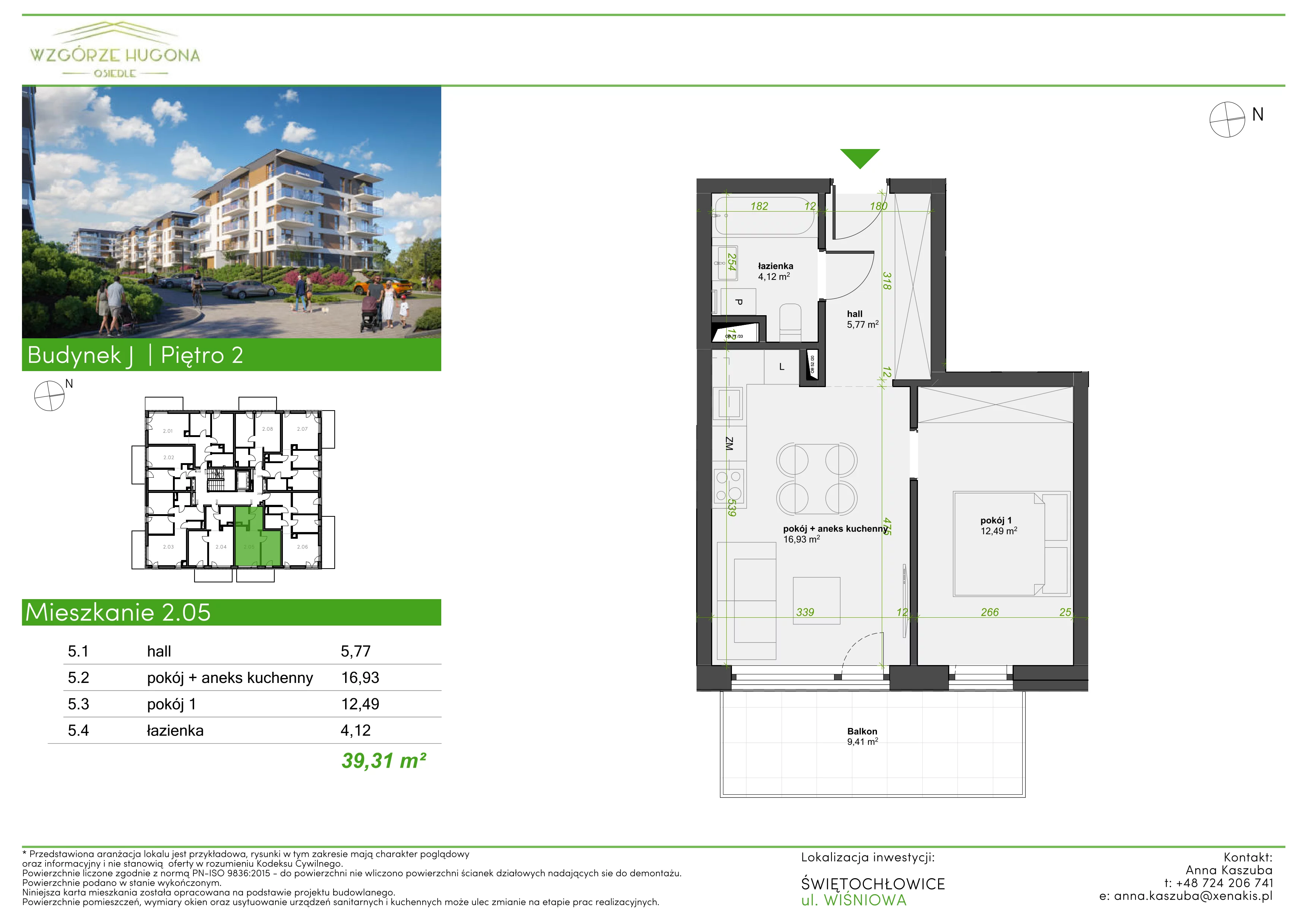 2 pokoje, mieszkanie 39,31 m², piętro 2, oferta nr J.2.05, Wzgórze Hugona, Świętochłowice, ul. Wiśniowa