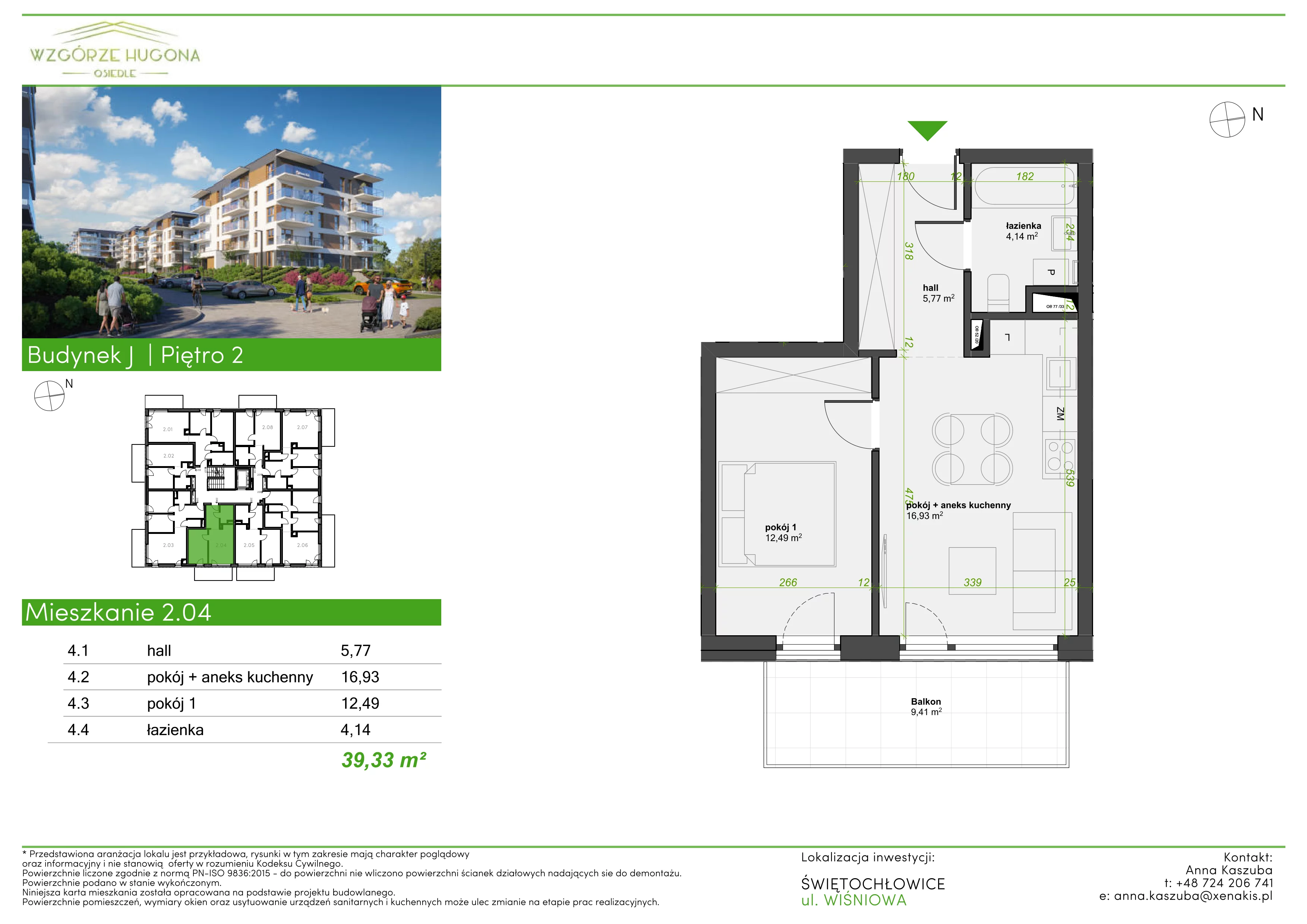 2 pokoje, mieszkanie 39,33 m², piętro 2, oferta nr J.2.04, Wzgórze Hugona, Świętochłowice, ul. Wiśniowa
