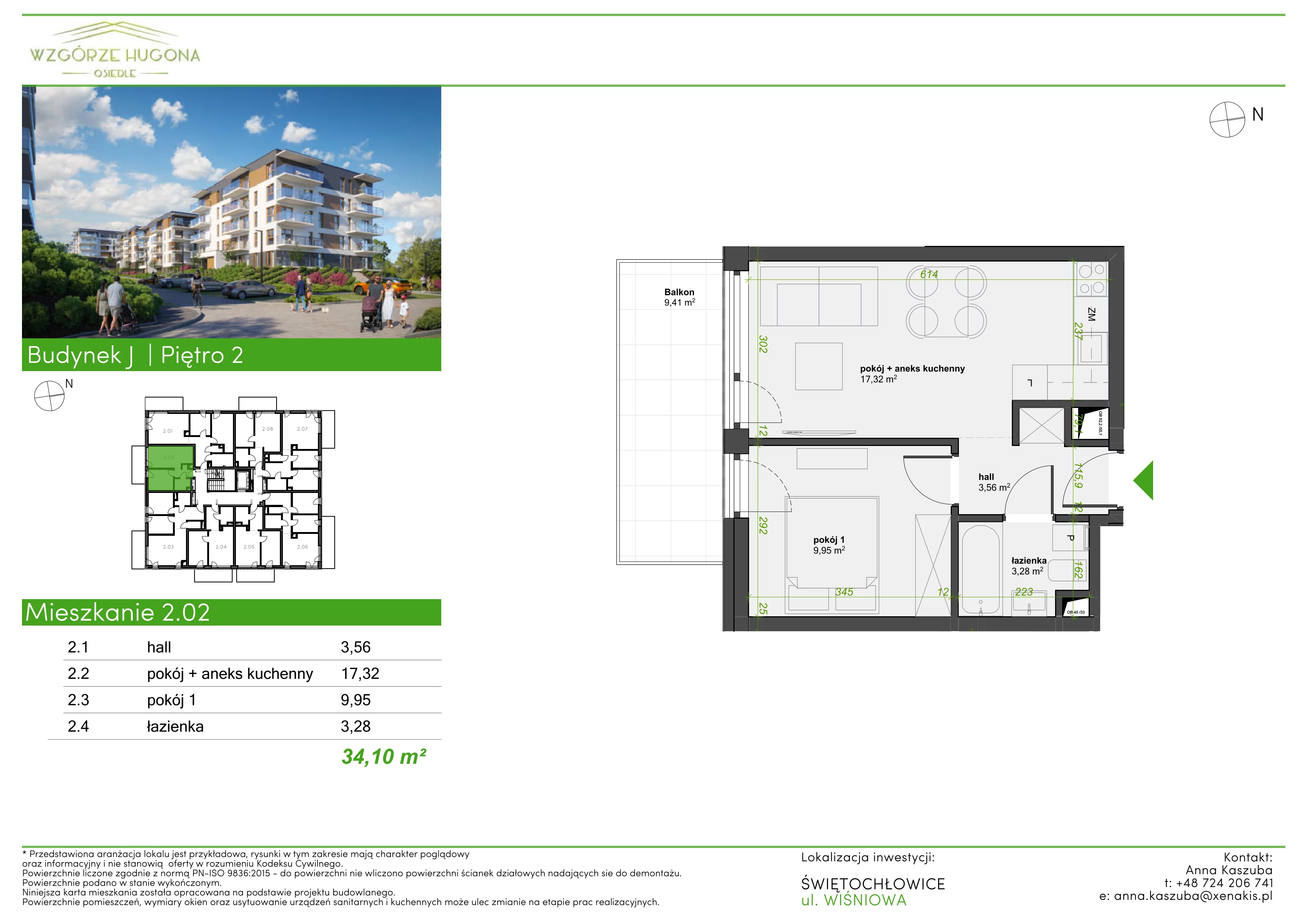 2 pokoje, mieszkanie 34,10 m², piętro 2, oferta nr J.2.02, Wzgórze Hugona, Świętochłowice, ul. Wiśniowa