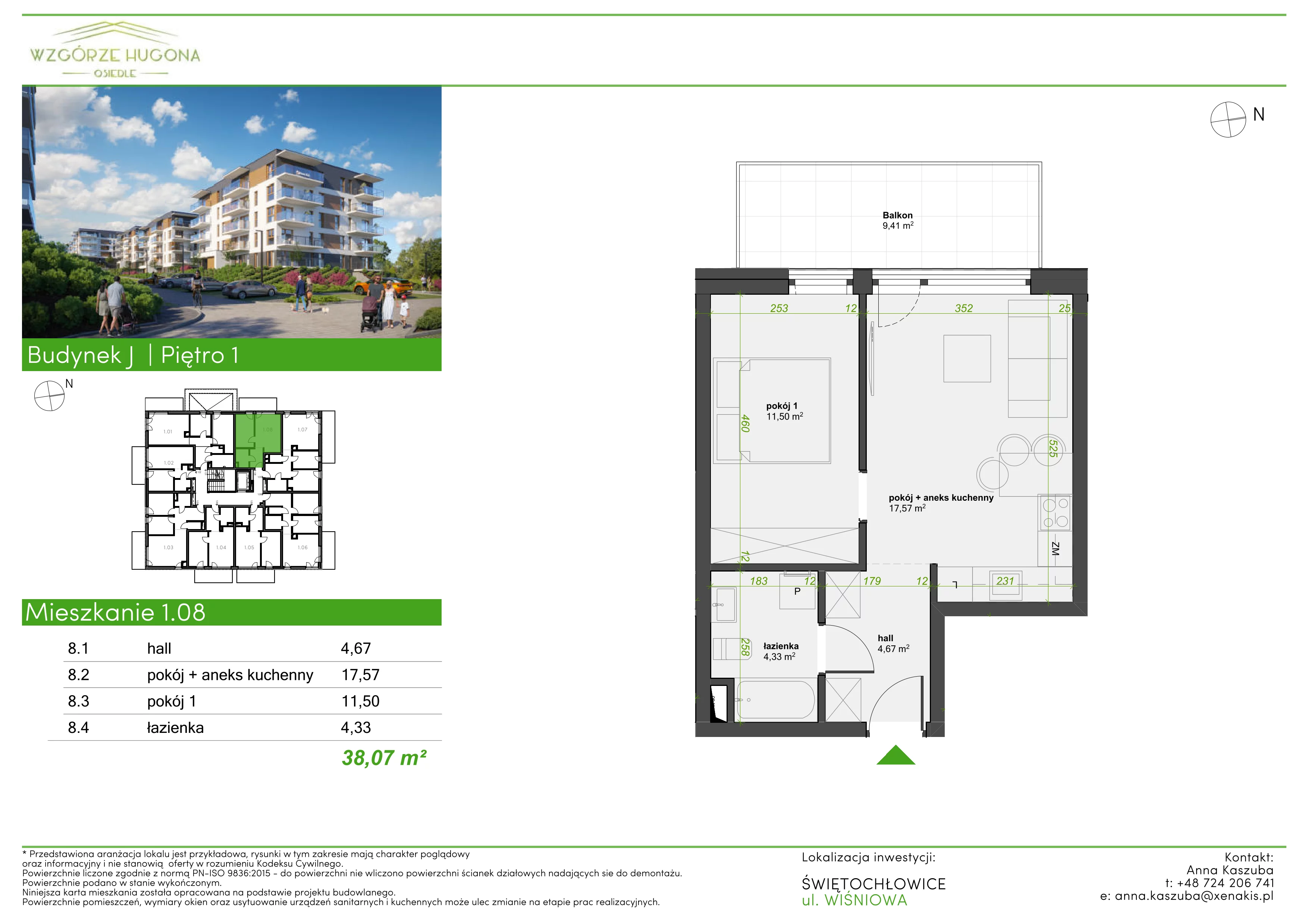 2 pokoje, mieszkanie 38,07 m², piętro 1, oferta nr J.1.08, Wzgórze Hugona, Świętochłowice, ul. Wiśniowa