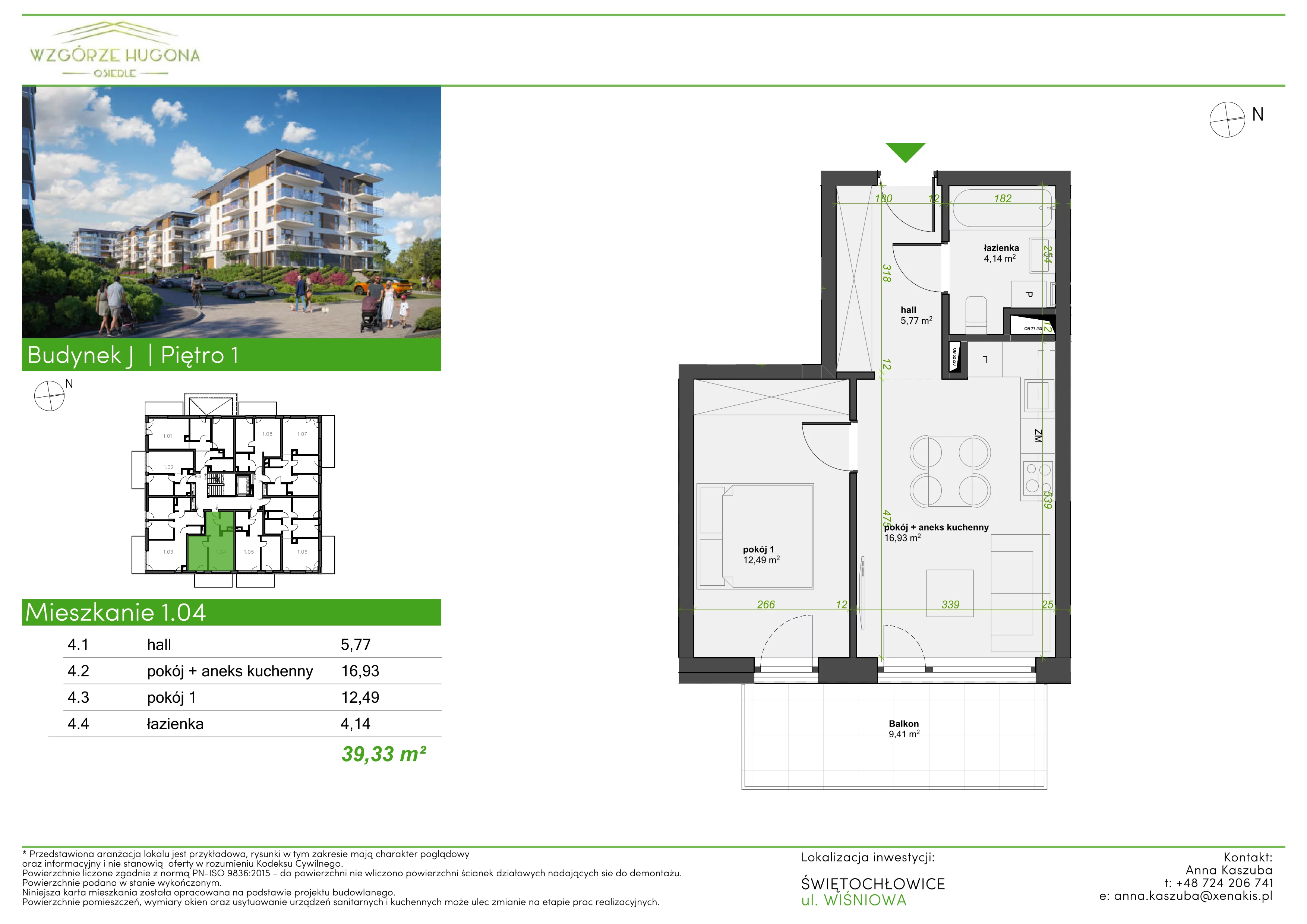2 pokoje, mieszkanie 39,33 m², piętro 1, oferta nr J.1.04, Wzgórze Hugona, Świętochłowice, ul. Wiśniowa