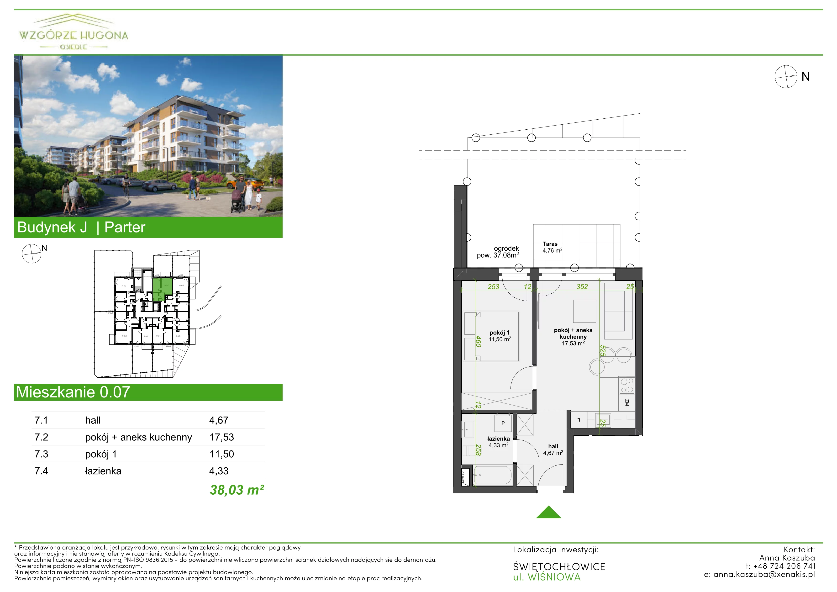 2 pokoje, mieszkanie 38,03 m², parter, oferta nr J.0.07, Wzgórze Hugona, Świętochłowice, ul. Wiśniowa