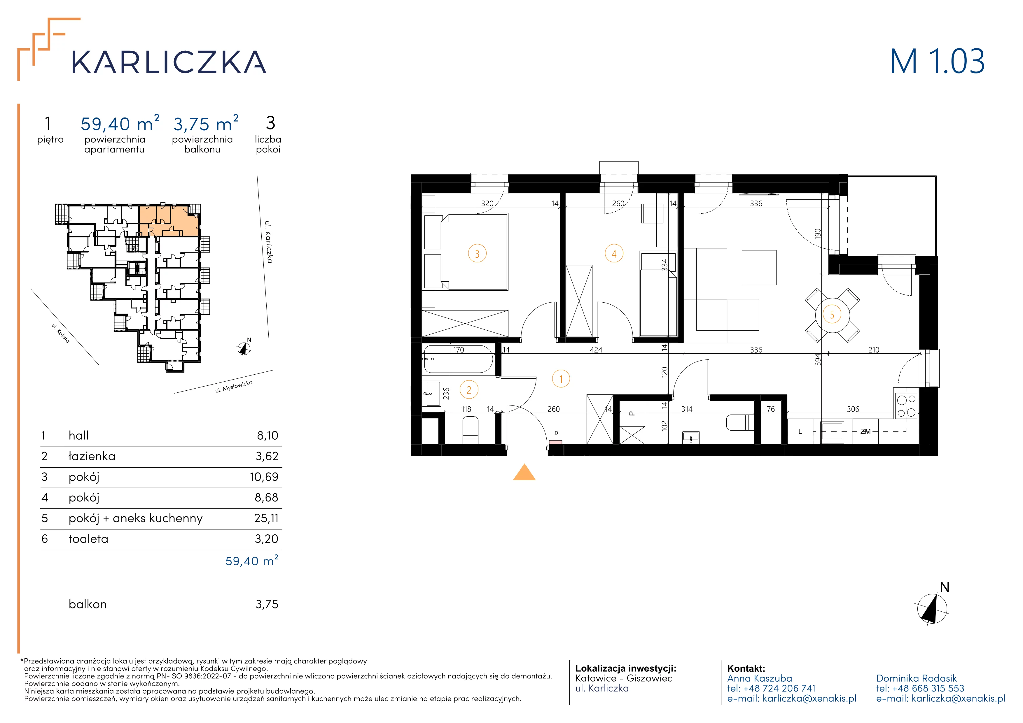 3 pokoje, mieszkanie 59,40 m², piętro 1, oferta nr A.1.03, Karliczka, Katowice, Giszowiec, ul. Karliczka