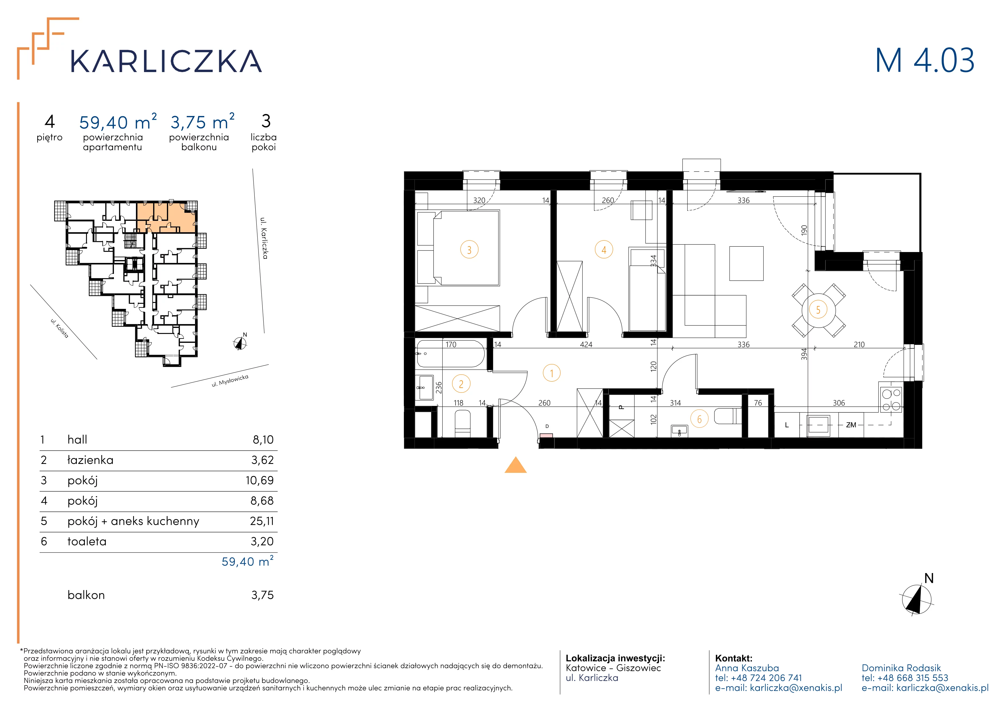 3 pokoje, mieszkanie 59,40 m², piętro 4, oferta nr A.4.03, Karliczka, Katowice, Giszowiec, ul. Karliczka