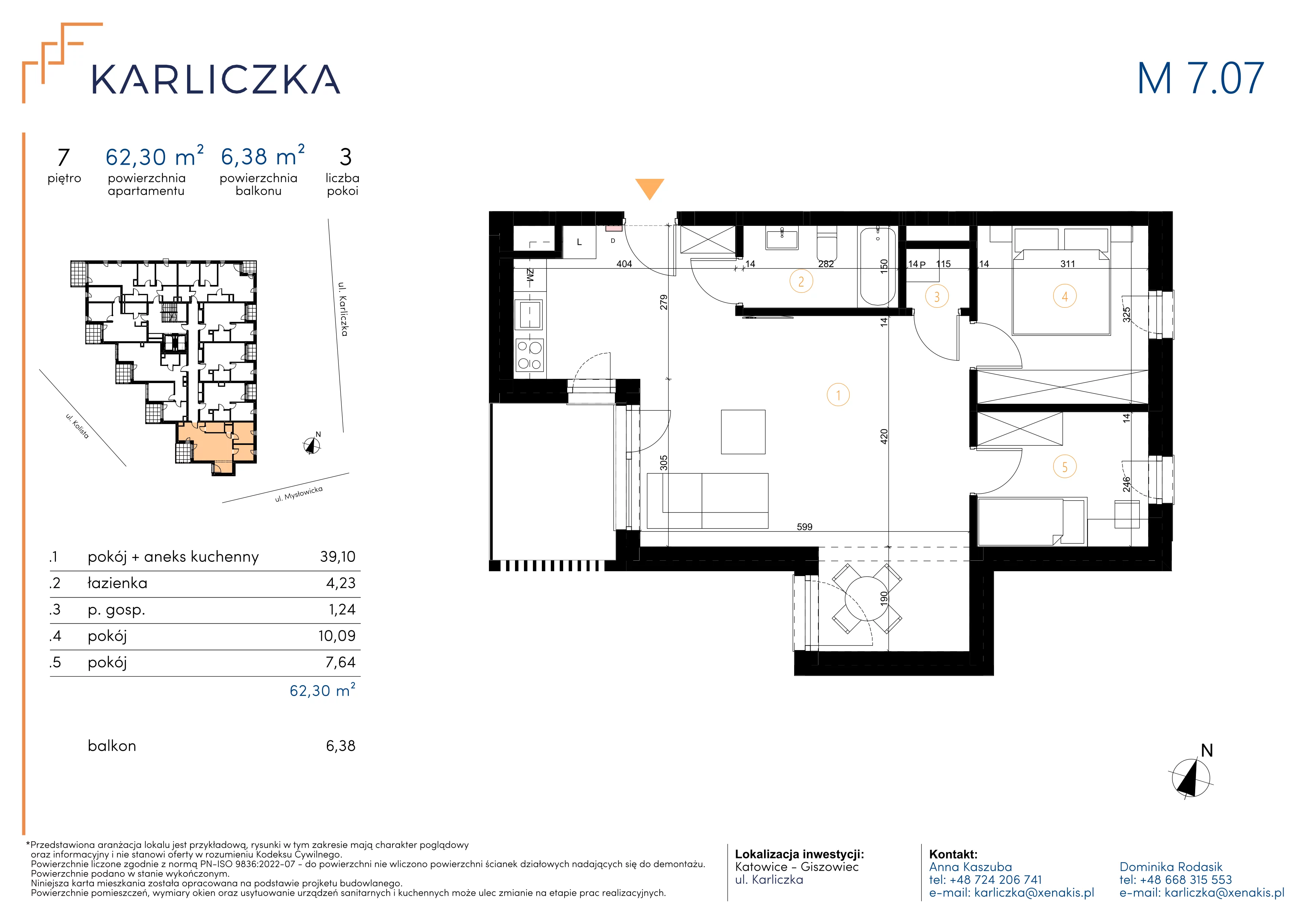 3 pokoje, mieszkanie 62,30 m², piętro 7, oferta nr A.7.07, Karliczka, Katowice, Giszowiec, ul. Karliczka