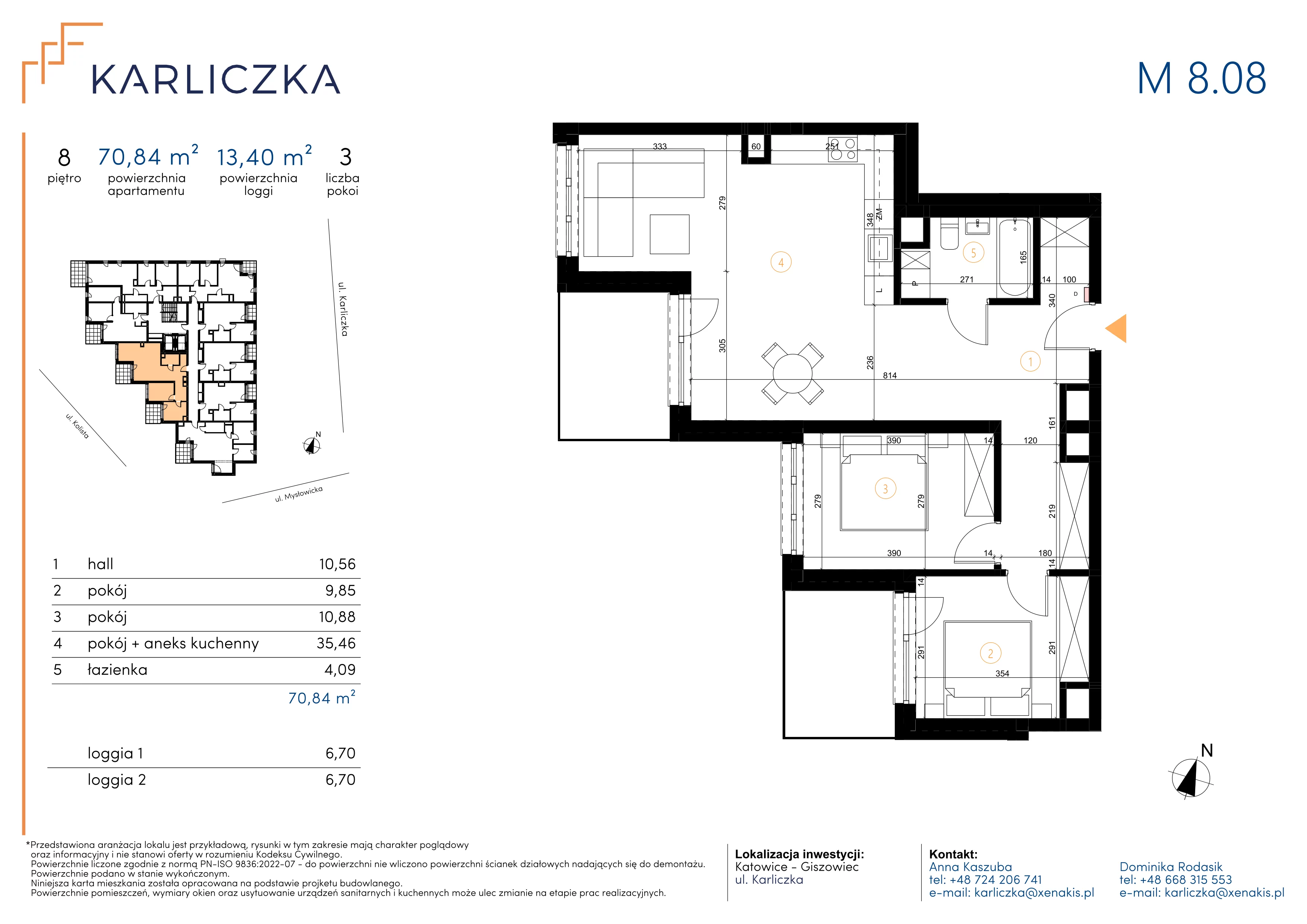 3 pokoje, mieszkanie 70,84 m², piętro 8, oferta nr A.8.08, Karliczka, Katowice, Giszowiec, ul. Karliczka