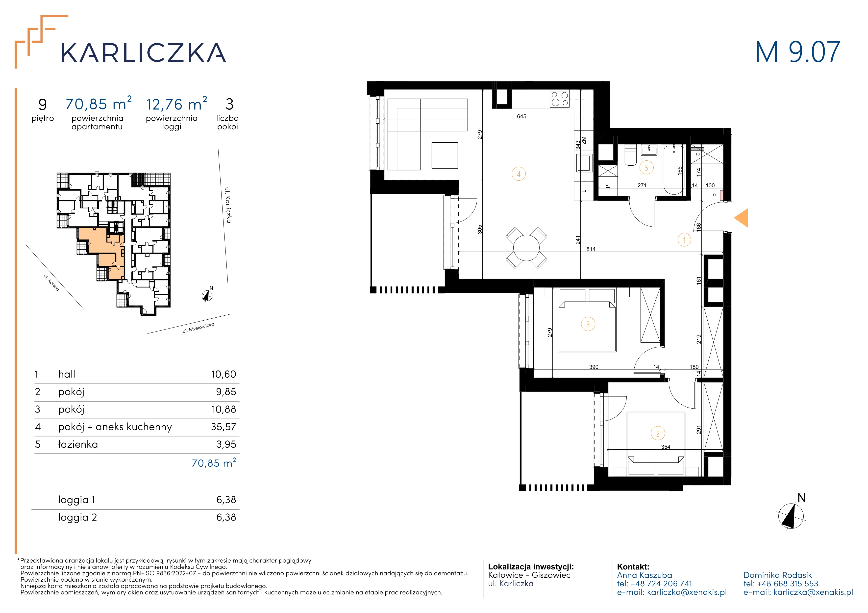 3 pokoje, mieszkanie 70,85 m², piętro 9, oferta nr A.9.07, Karliczka, Katowice, Giszowiec, ul. Karliczka