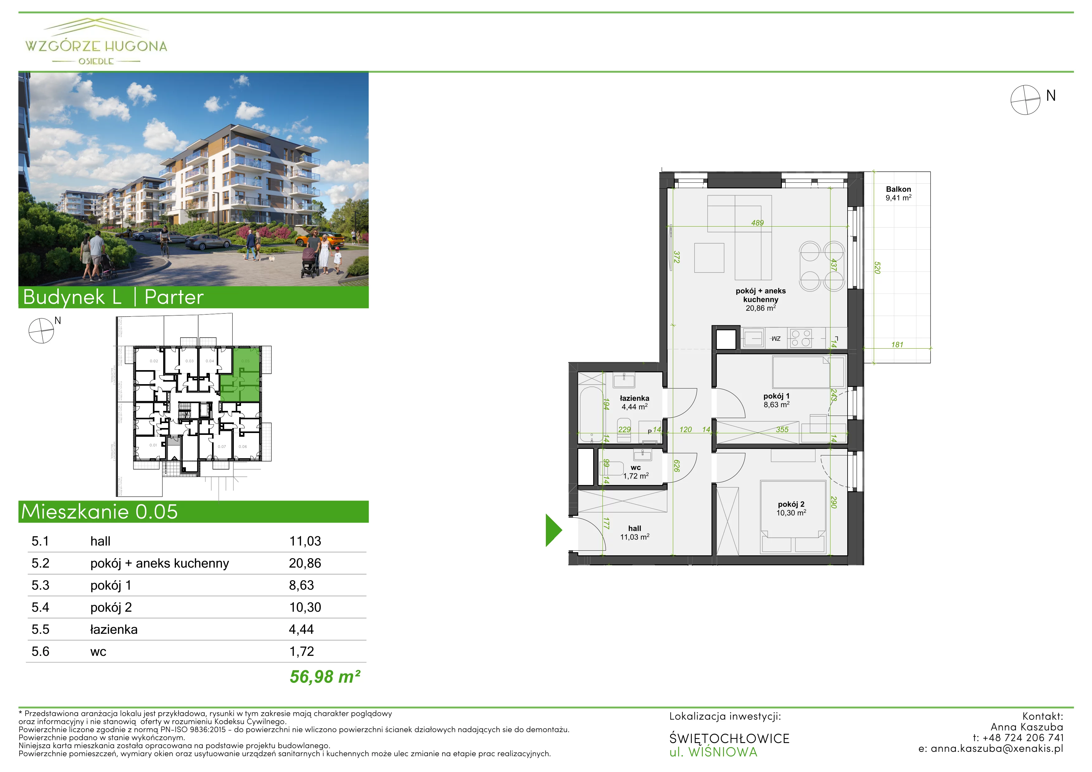 3 pokoje, mieszkanie 56,98 m², parter, oferta nr L.0.05, Wzgórze Hugona, Świętochłowice, ul. Wiśniowa