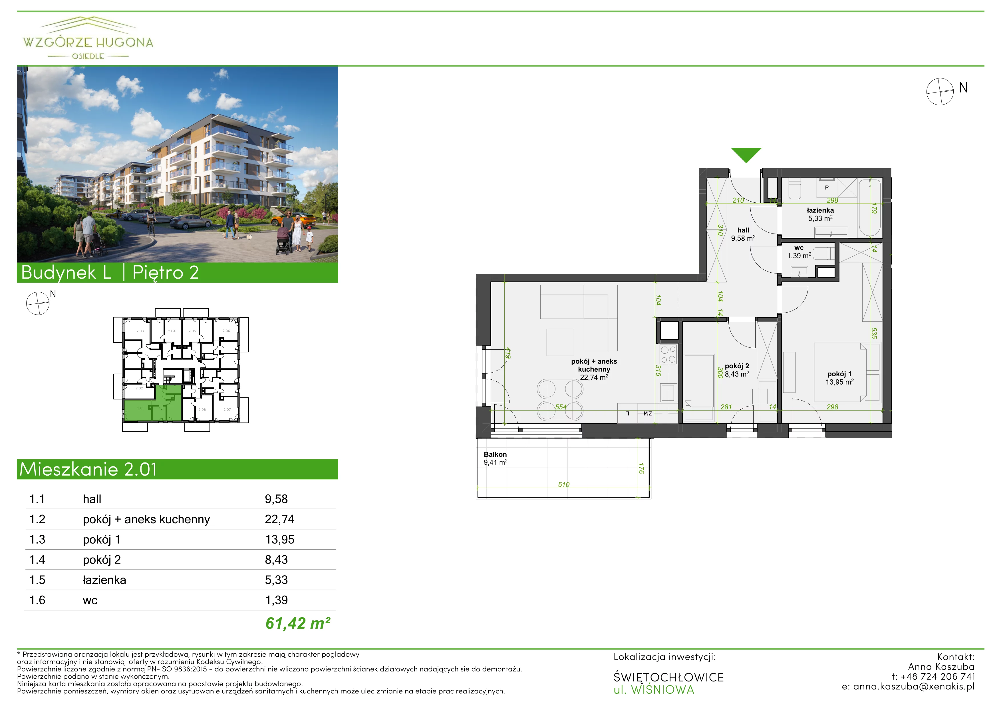 3 pokoje, mieszkanie 61,42 m², piętro 2, oferta nr L.2.01, Wzgórze Hugona, Świętochłowice, ul. Wiśniowa