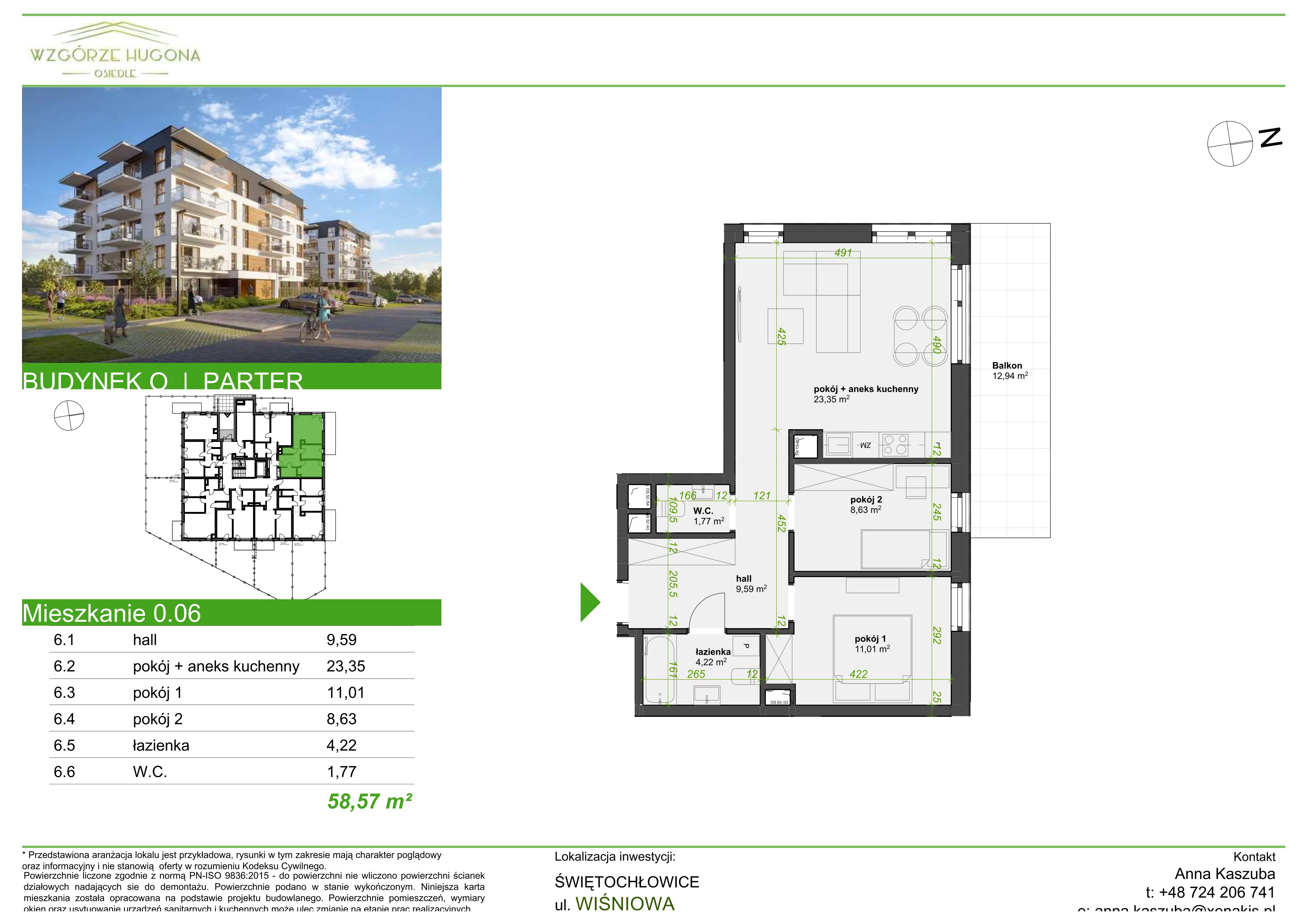 3 pokoje, mieszkanie 58,57 m², parter, oferta nr O.0.06, Wzgórze Hugona, Świętochłowice, ul. Wiśniowa