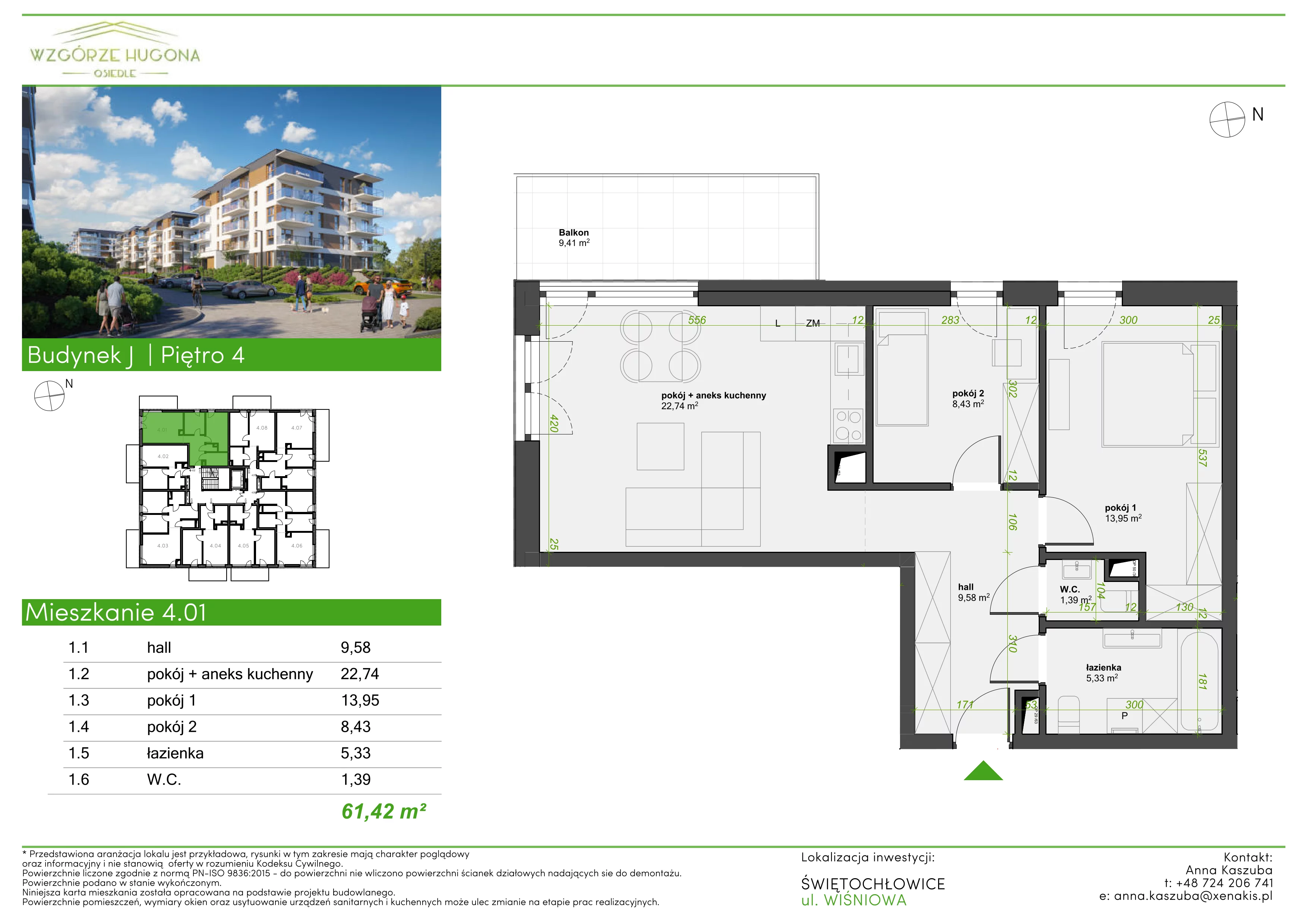 3 pokoje, mieszkanie 61,42 m², piętro 4, oferta nr J.4.01, Wzgórze Hugona, Świętochłowice, ul. Wiśniowa