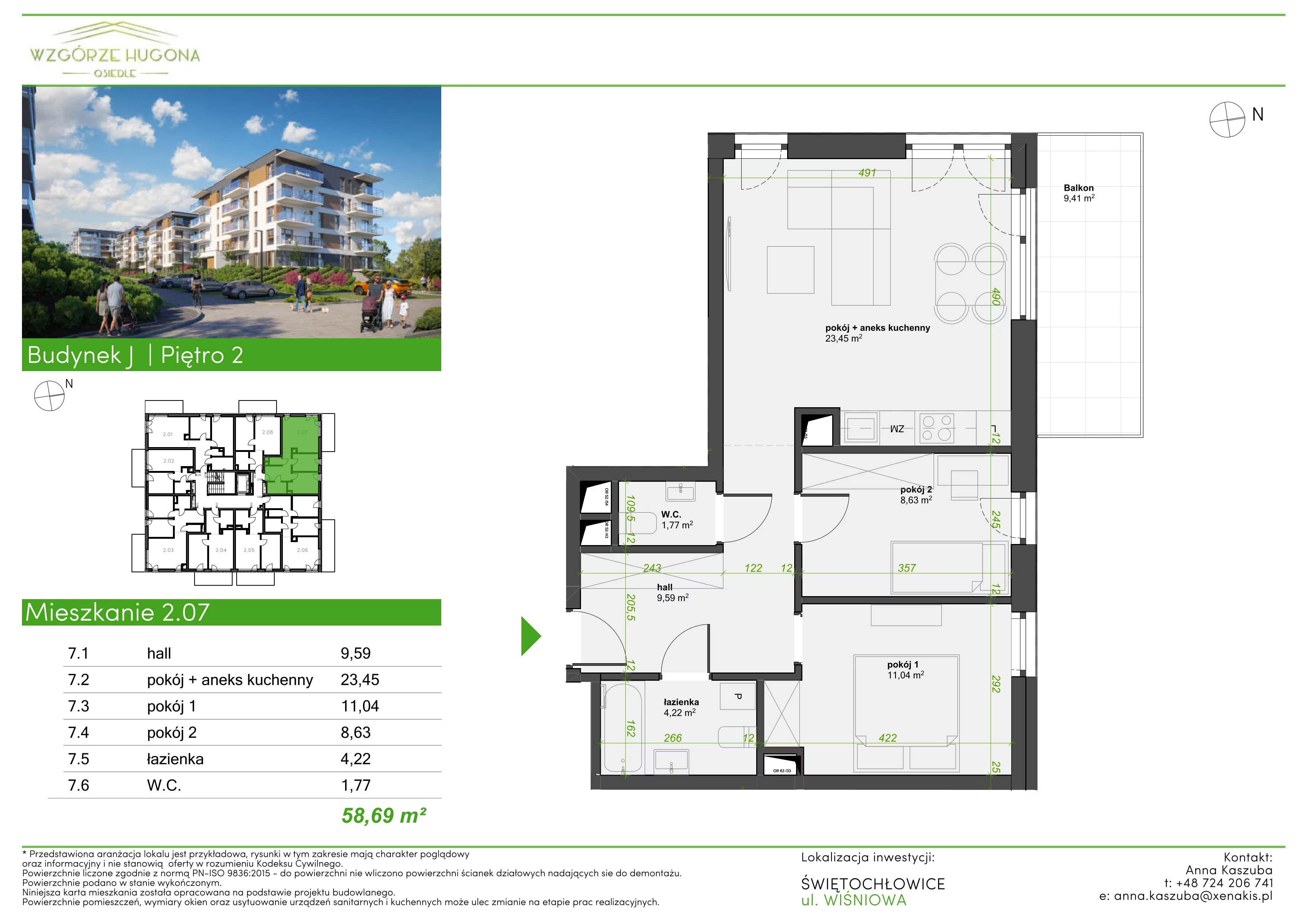 3 pokoje, mieszkanie 58,69 m², piętro 2, oferta nr J.2.07, Wzgórze Hugona, Świętochłowice, ul. Wiśniowa