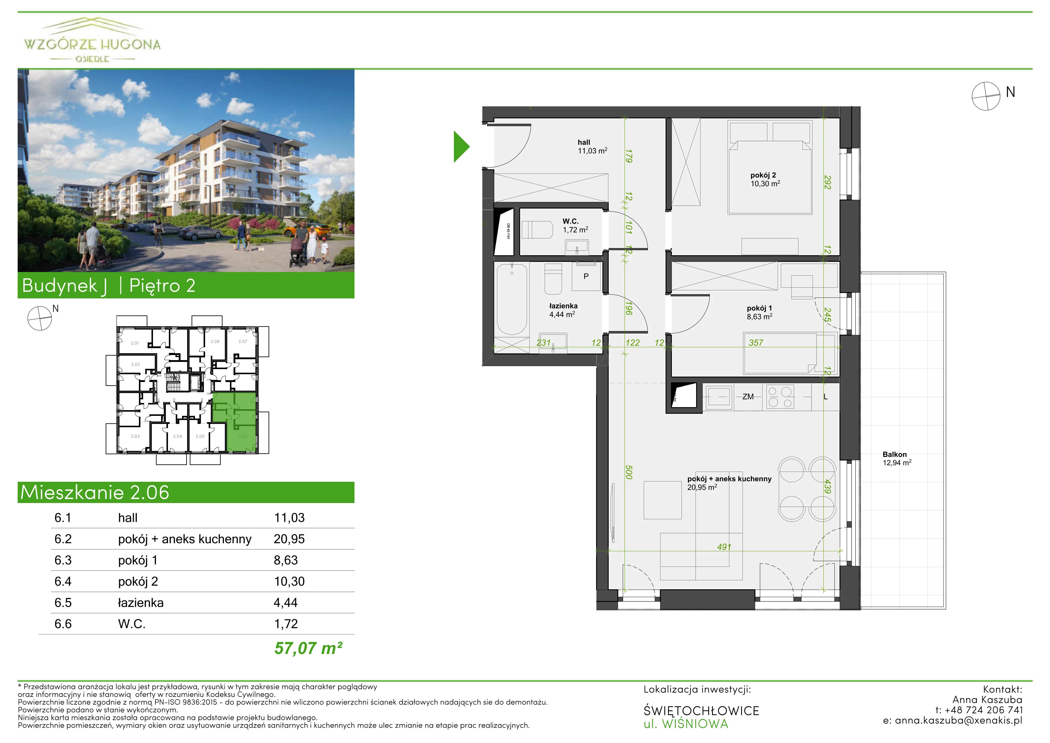 3 pokoje, mieszkanie 57,07 m², piętro 2, oferta nr J.2.06, Wzgórze Hugona, Świętochłowice, ul. Wiśniowa