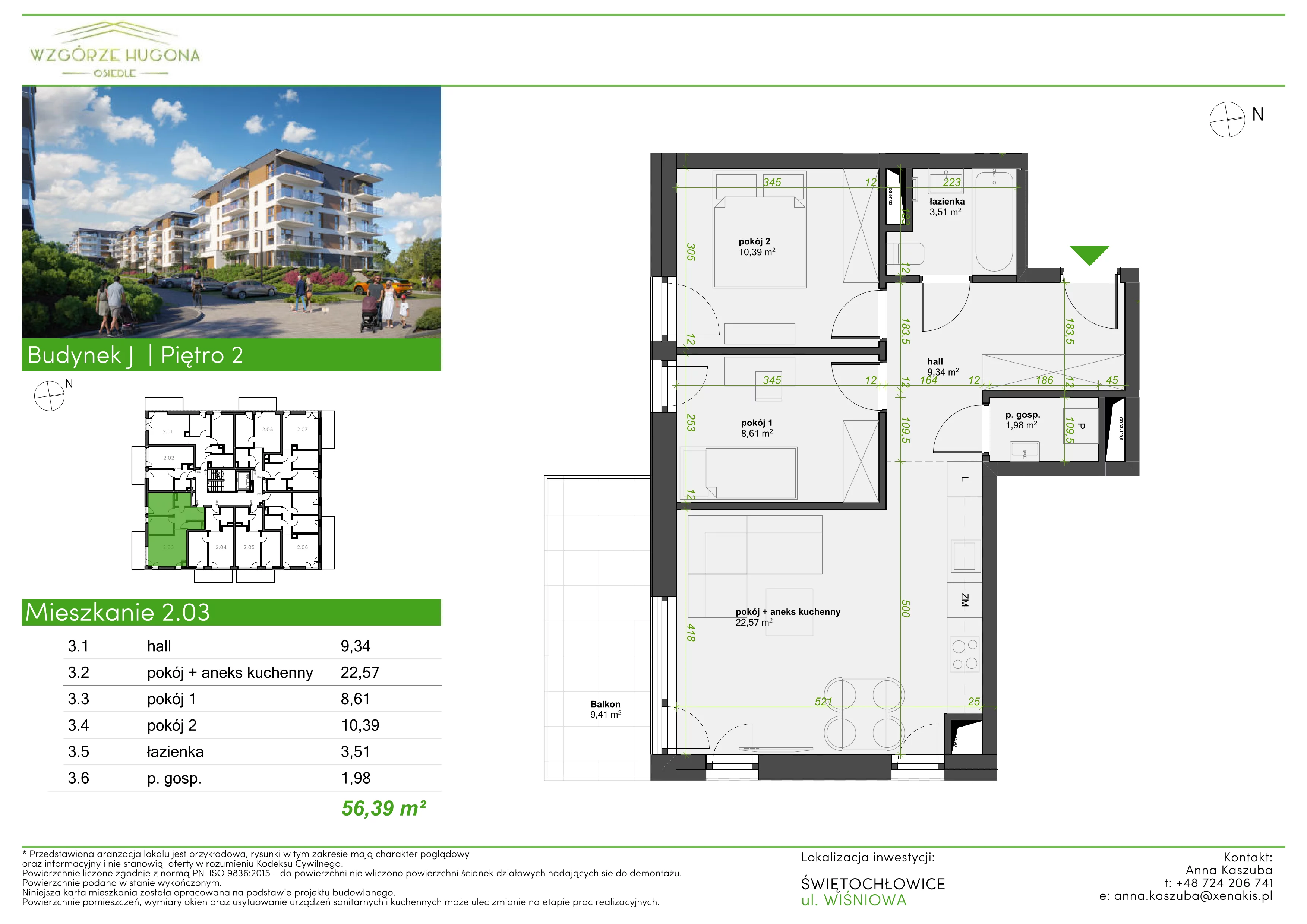 3 pokoje, mieszkanie 56,39 m², piętro 2, oferta nr J.2.03, Wzgórze Hugona, Świętochłowice, ul. Wiśniowa