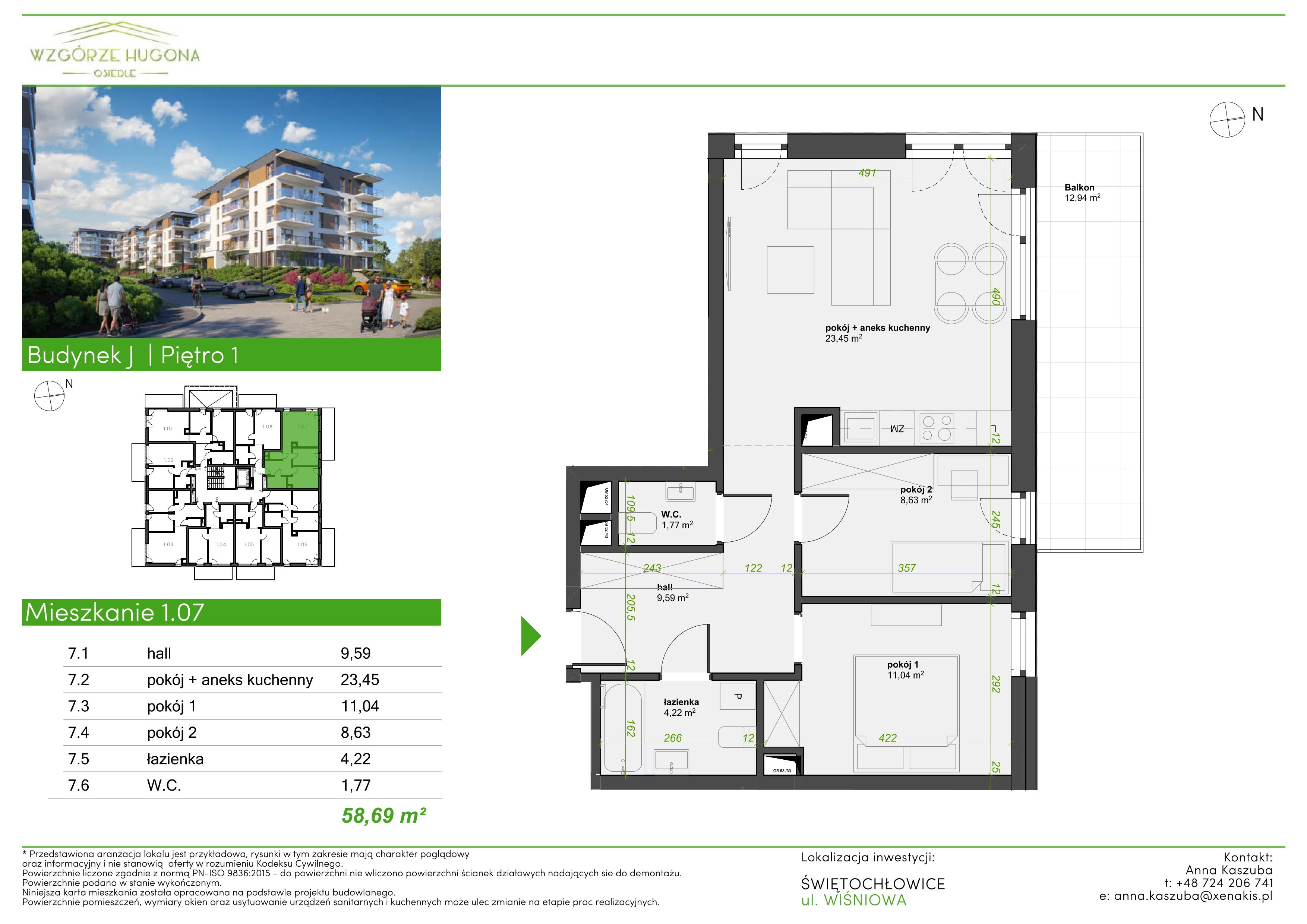 3 pokoje, mieszkanie 58,69 m², piętro 1, oferta nr J.1.07, Wzgórze Hugona, Świętochłowice, ul. Wiśniowa