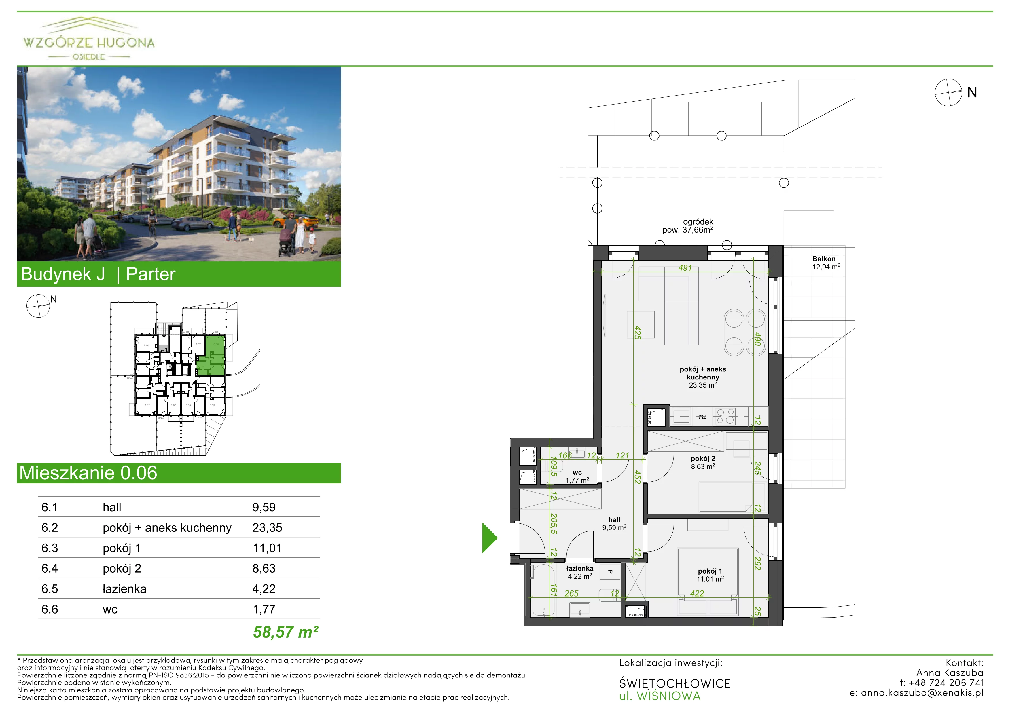 3 pokoje, mieszkanie 58,57 m², parter, oferta nr J.0.06, Wzgórze Hugona, Świętochłowice, ul. Wiśniowa
