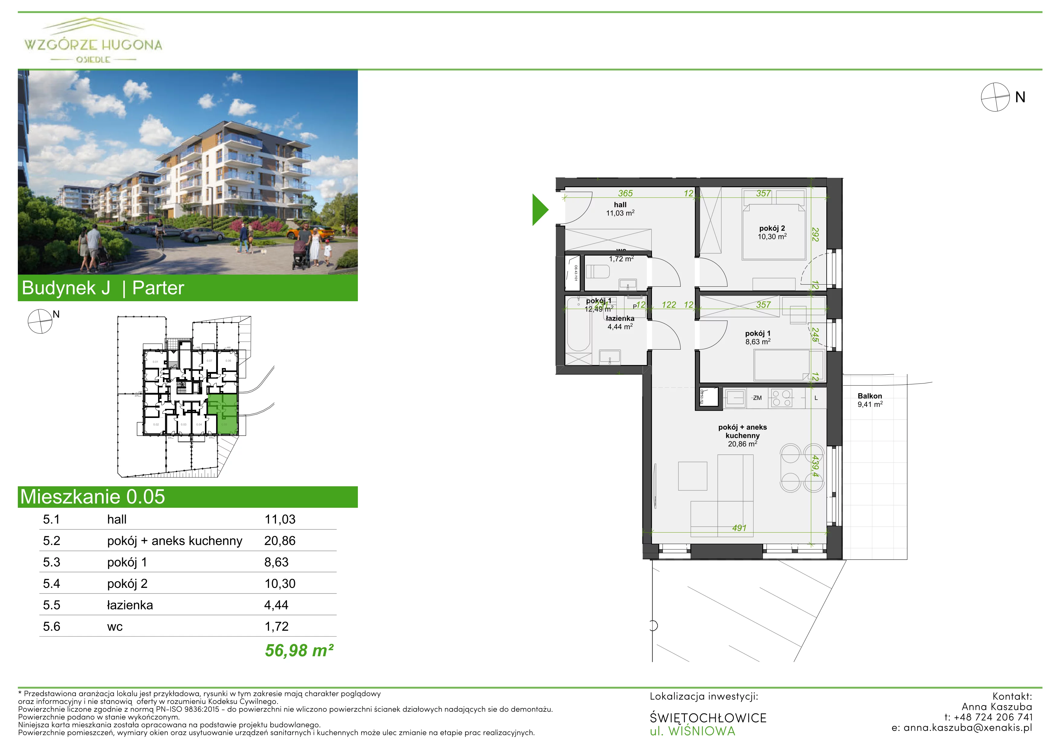 3 pokoje, mieszkanie 56,98 m², parter, oferta nr J.0.05, Wzgórze Hugona, Świętochłowice, ul. Wiśniowa