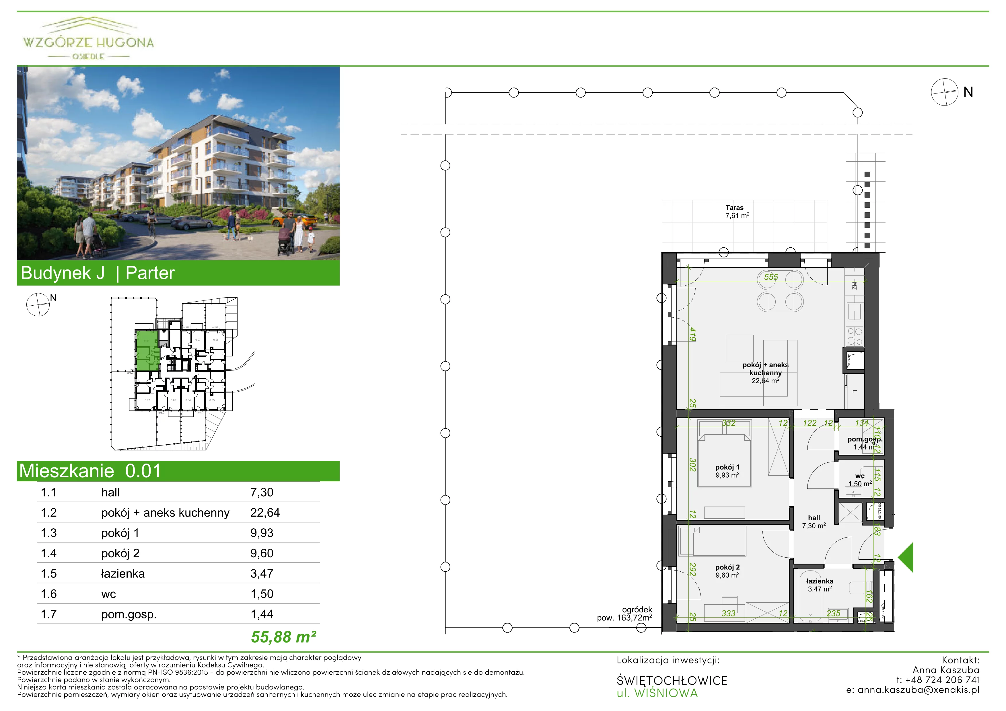 3 pokoje, mieszkanie 55,88 m², parter, oferta nr J.0.01, Wzgórze Hugona, Świętochłowice, ul. Wiśniowa