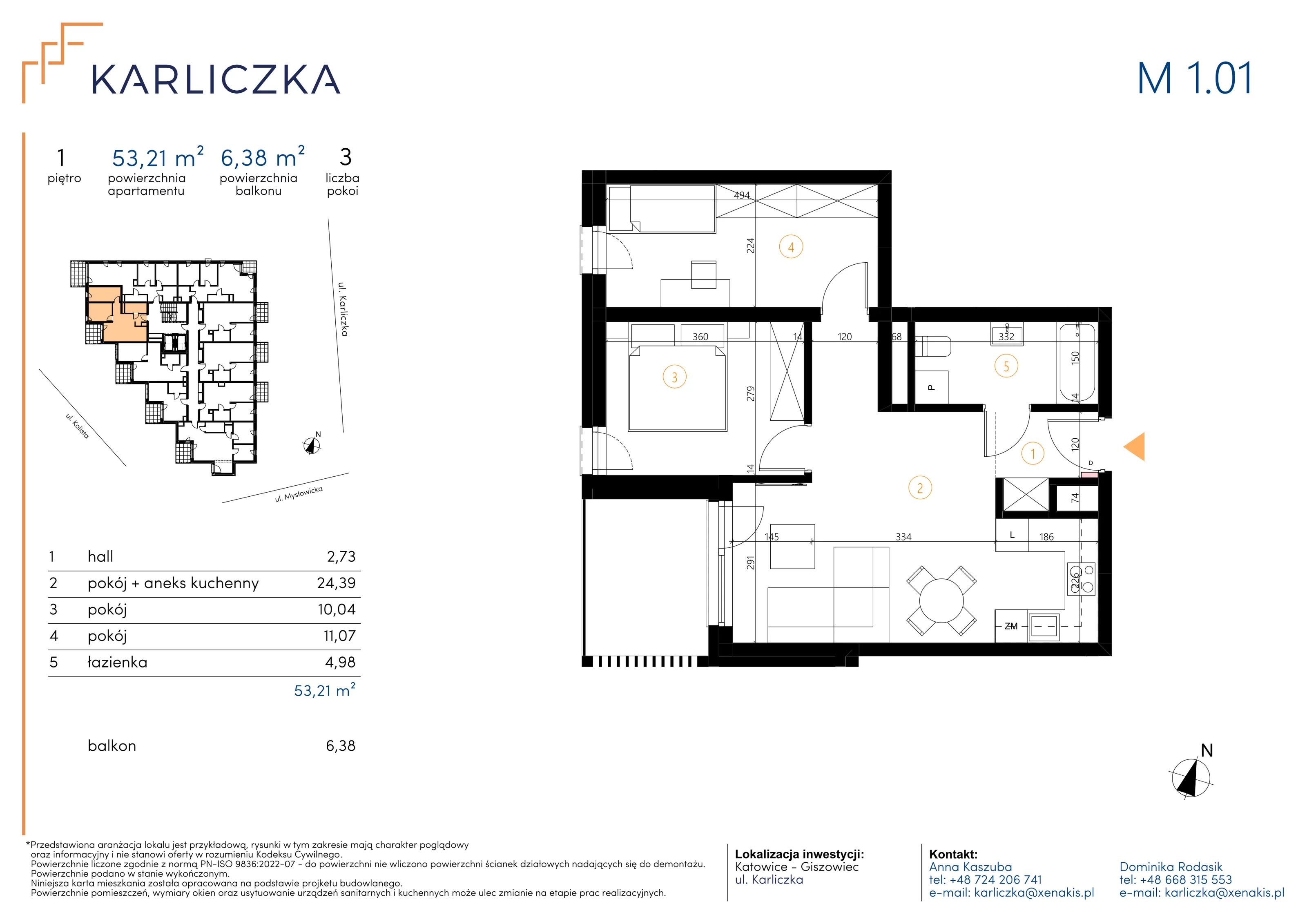 3 pokoje, mieszkanie 53,21 m², piętro 1, oferta nr A.1.01, Karliczka, Katowice, Giszowiec, ul. Karliczka