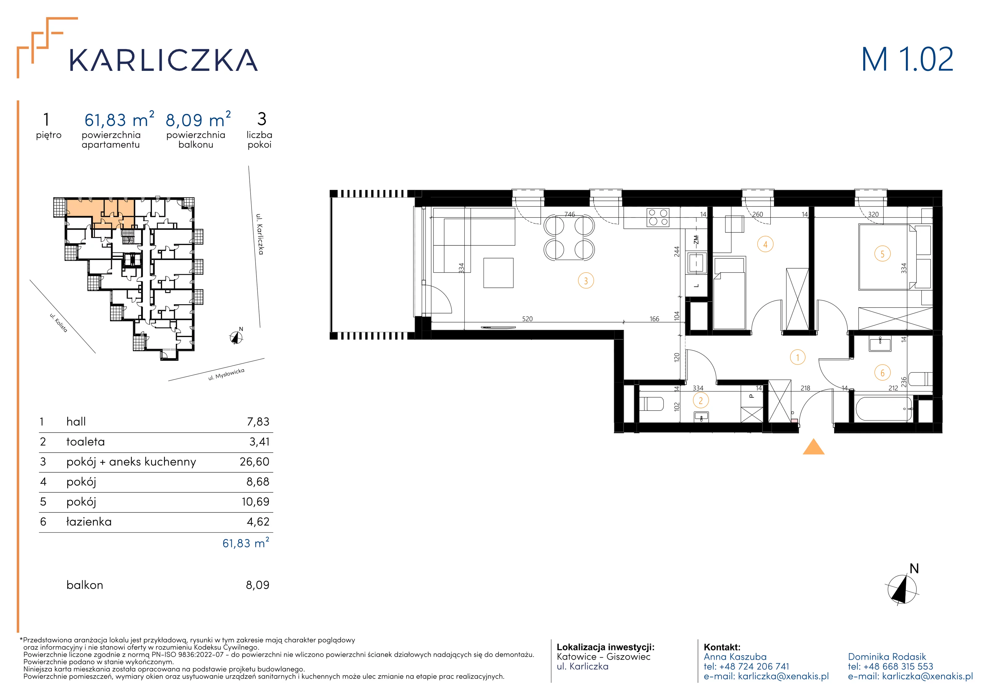 3 pokoje, mieszkanie 61,83 m², piętro 1, oferta nr A.1.02, Karliczka, Katowice, Giszowiec, ul. Karliczka