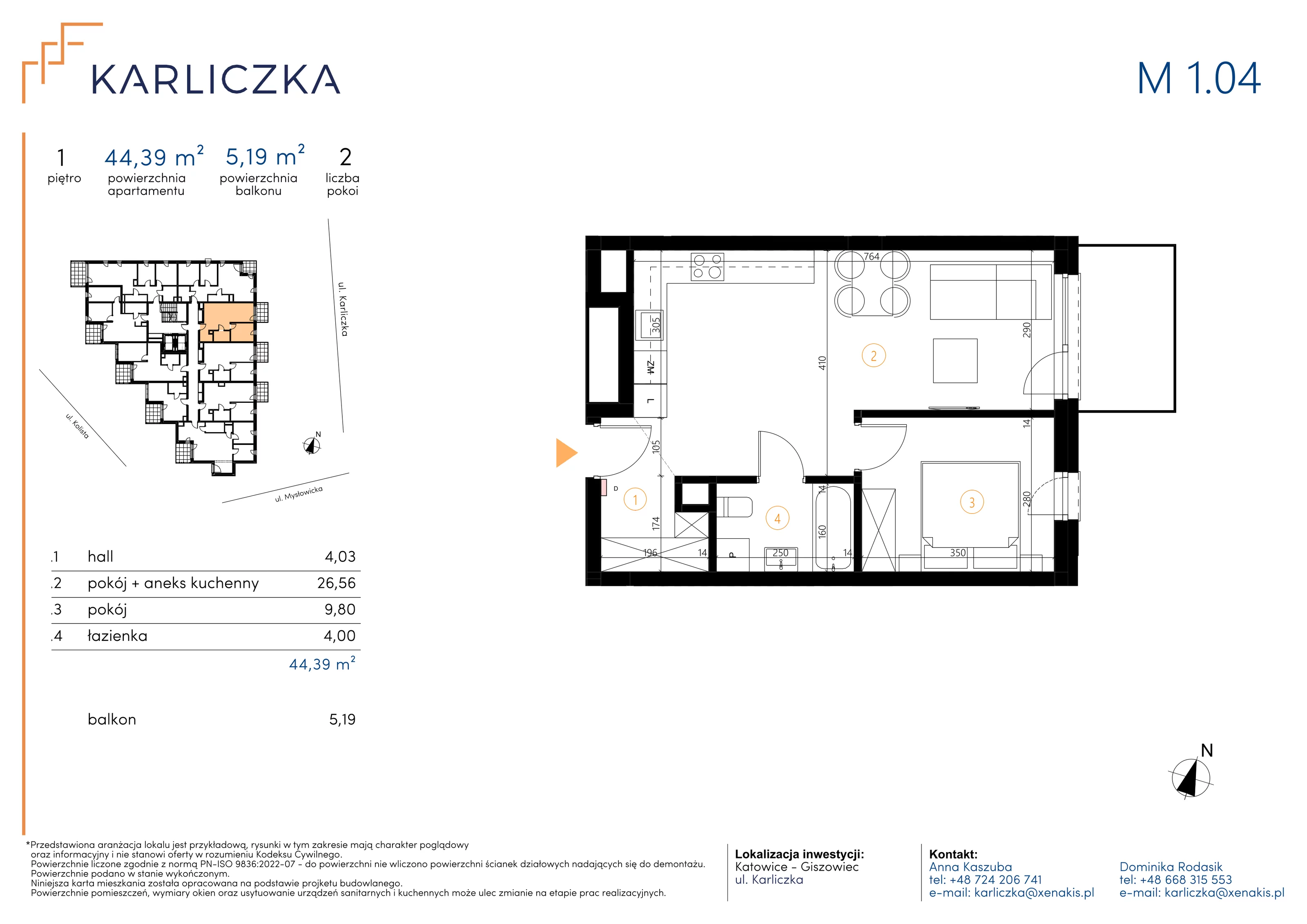2 pokoje, mieszkanie 44,39 m², piętro 1, oferta nr A.1.04, Karliczka, Katowice, Giszowiec, ul. Karliczka