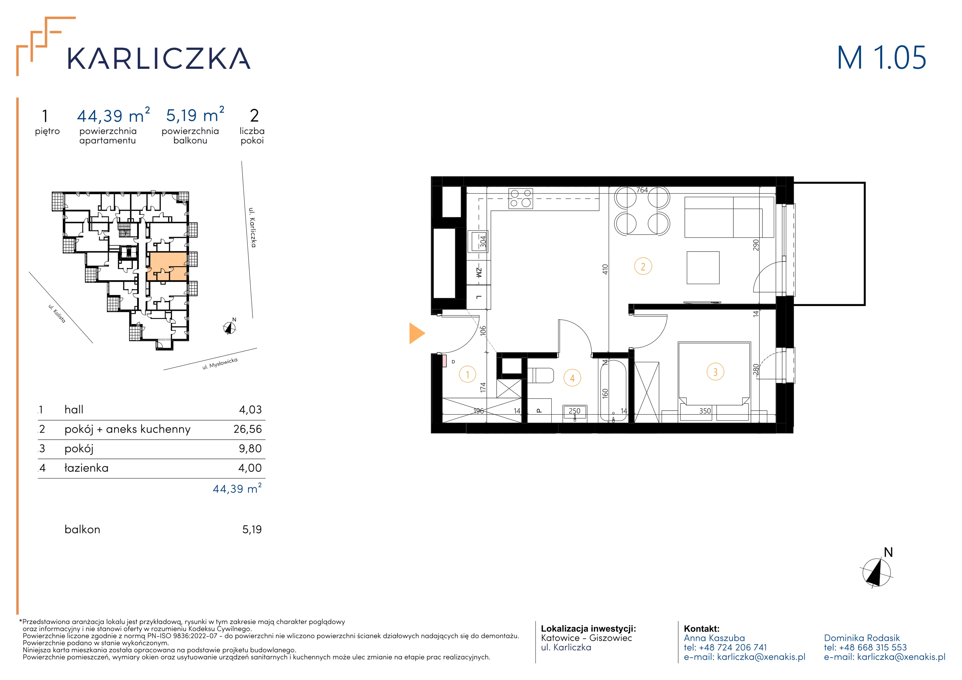 2 pokoje, mieszkanie 44,39 m², piętro 1, oferta nr A.1.05, Karliczka, Katowice, Giszowiec, ul. Karliczka