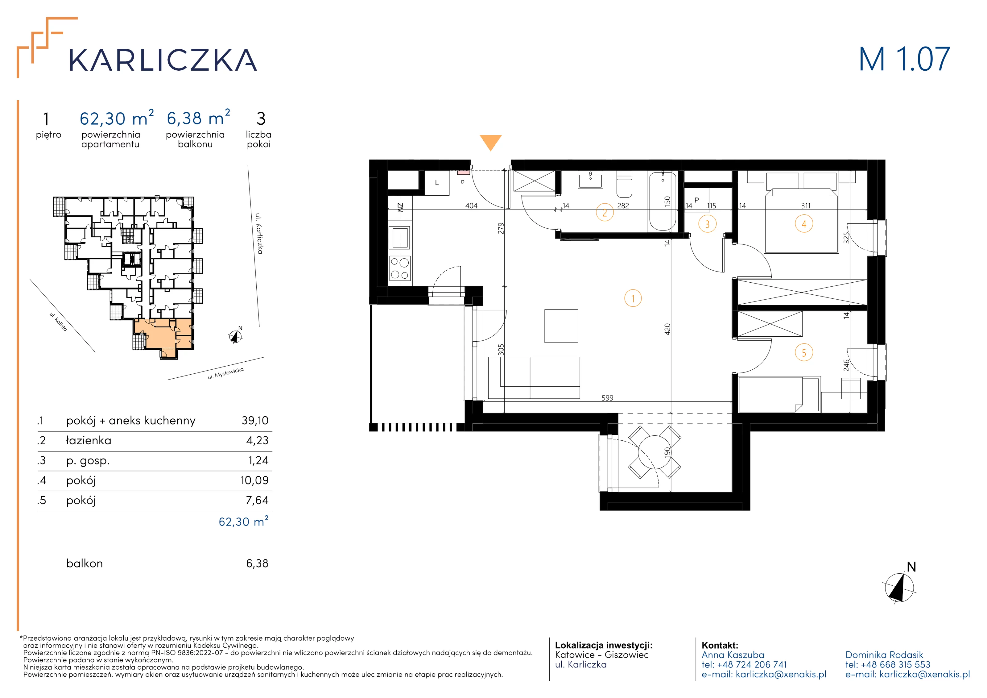 3 pokoje, mieszkanie 62,30 m², piętro 1, oferta nr A.1.07, Karliczka, Katowice, Giszowiec, ul. Karliczka