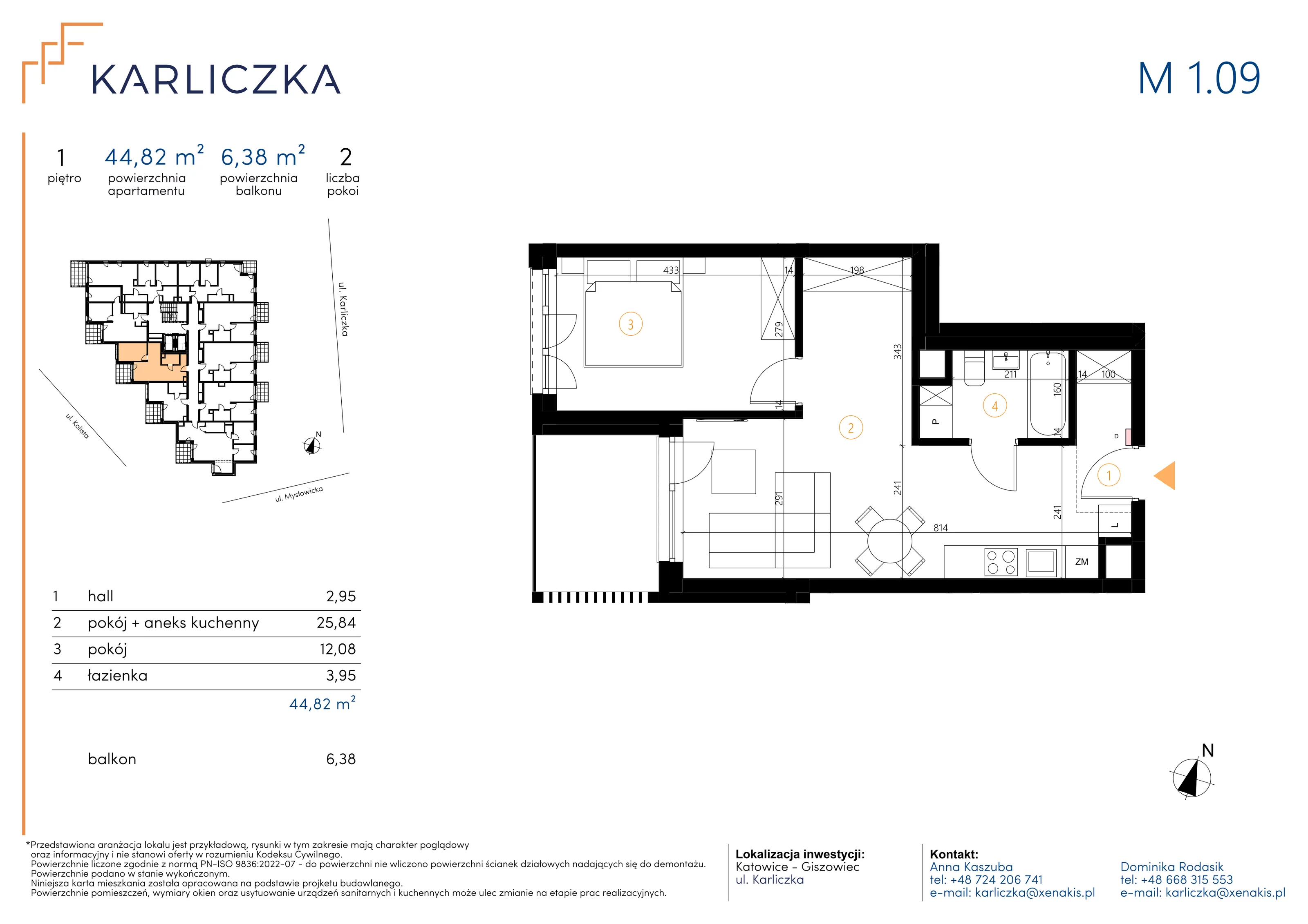 2 pokoje, mieszkanie 44,82 m², piętro 1, oferta nr A.1.09, Karliczka, Katowice, Giszowiec, ul. Karliczka