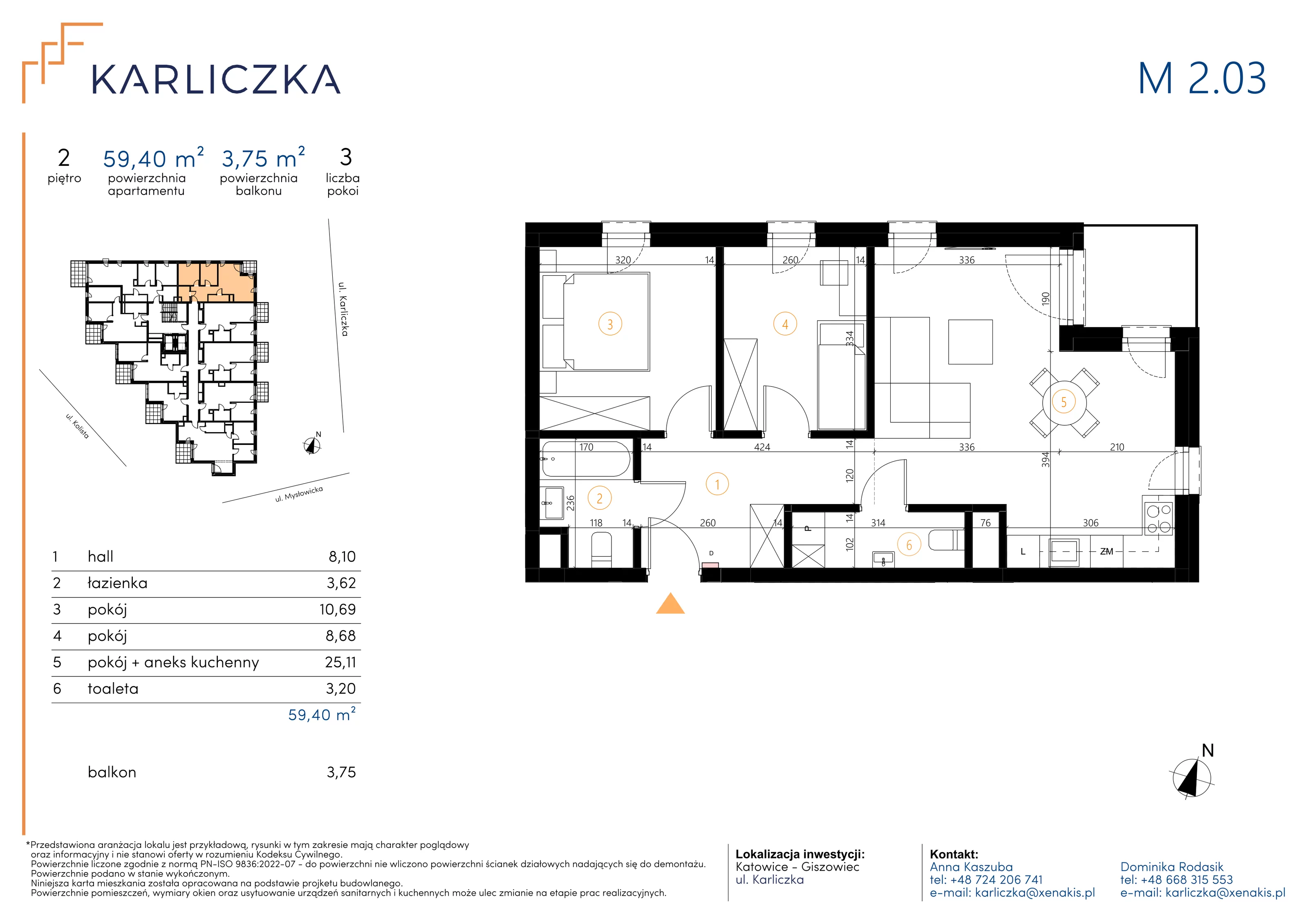 3 pokoje, mieszkanie 59,40 m², piętro 2, oferta nr A.2.03, Karliczka, Katowice, Giszowiec, ul. Karliczka