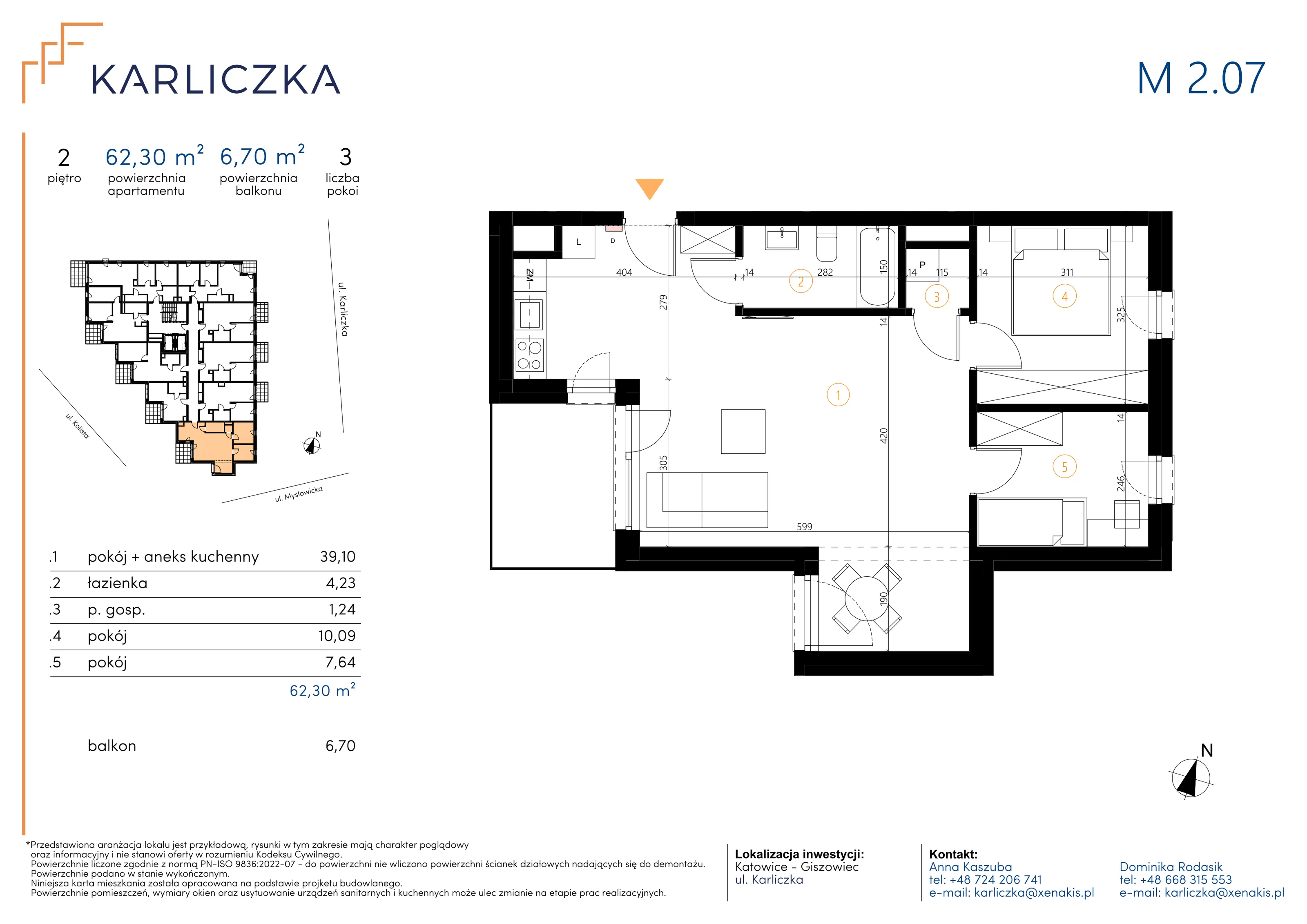 3 pokoje, mieszkanie 62,30 m², piętro 2, oferta nr A.2.07, Karliczka, Katowice, Giszowiec, ul. Karliczka
