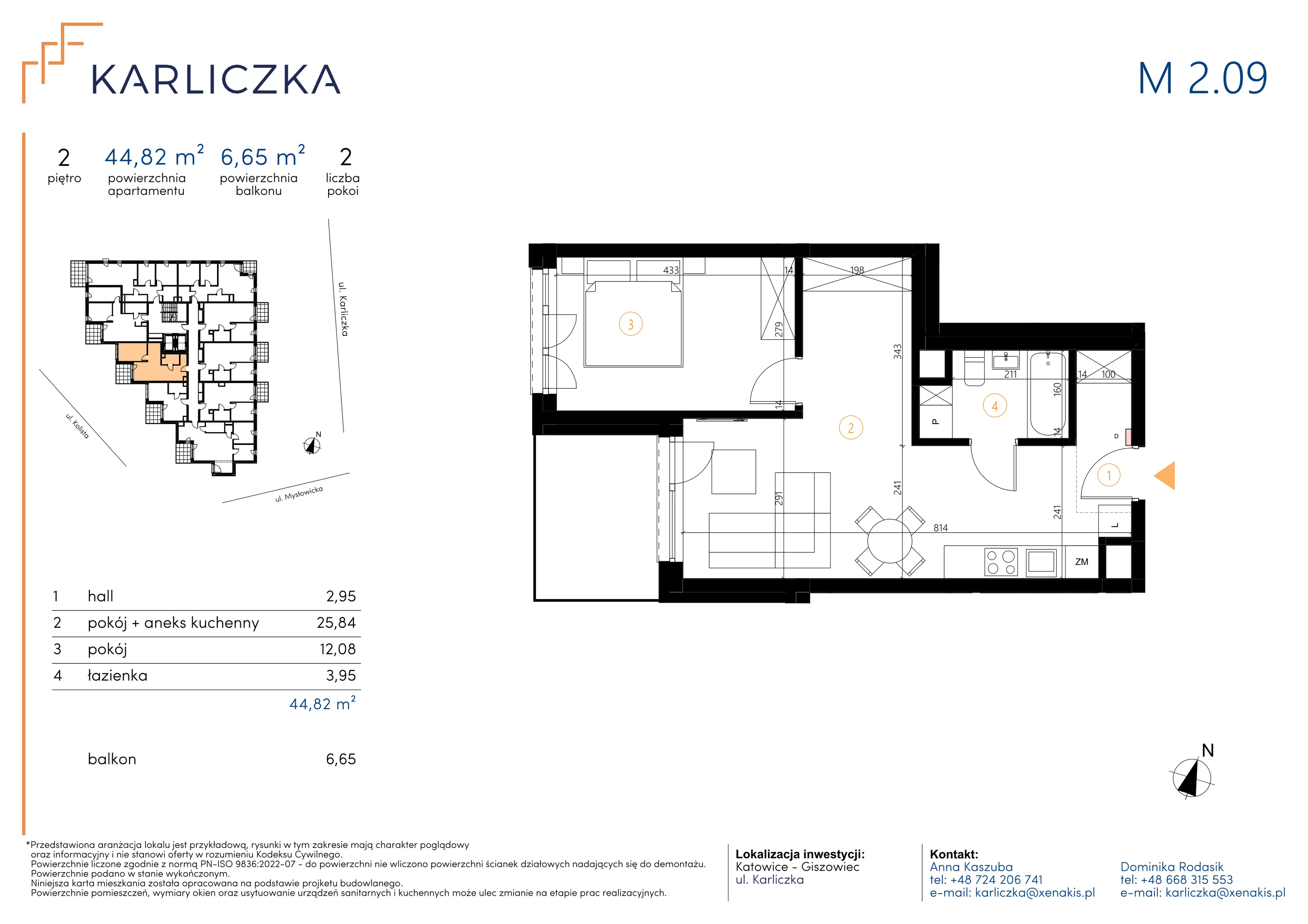 2 pokoje, mieszkanie 44,82 m², piętro 2, oferta nr A.2.09, Karliczka, Katowice, Giszowiec, ul. Karliczka