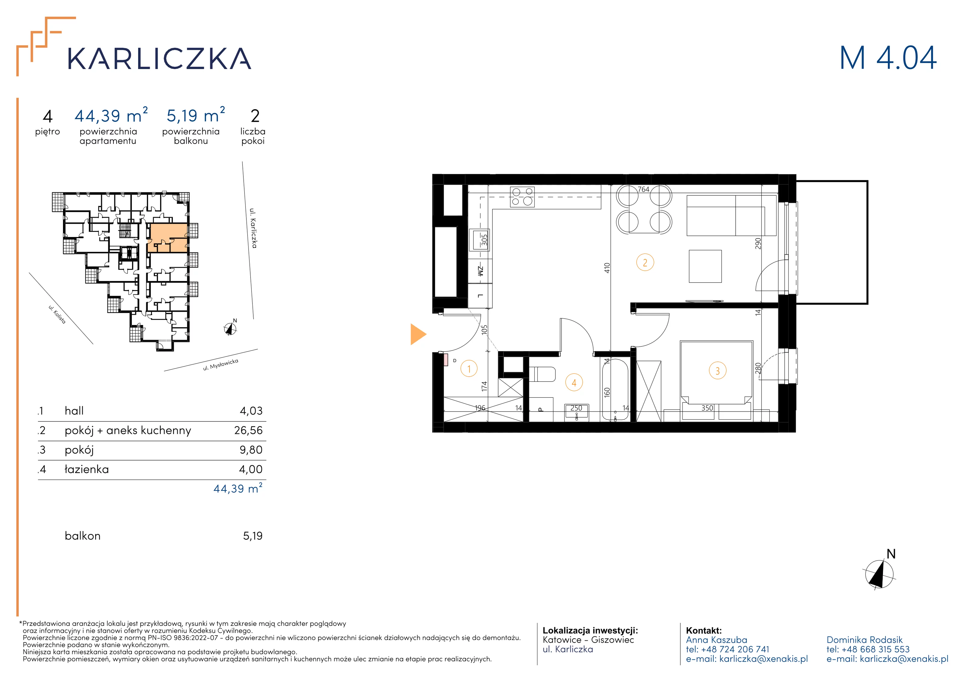 2 pokoje, mieszkanie 44,39 m², piętro 4, oferta nr A.4.04, Karliczka, Katowice, Giszowiec, ul. Karliczka
