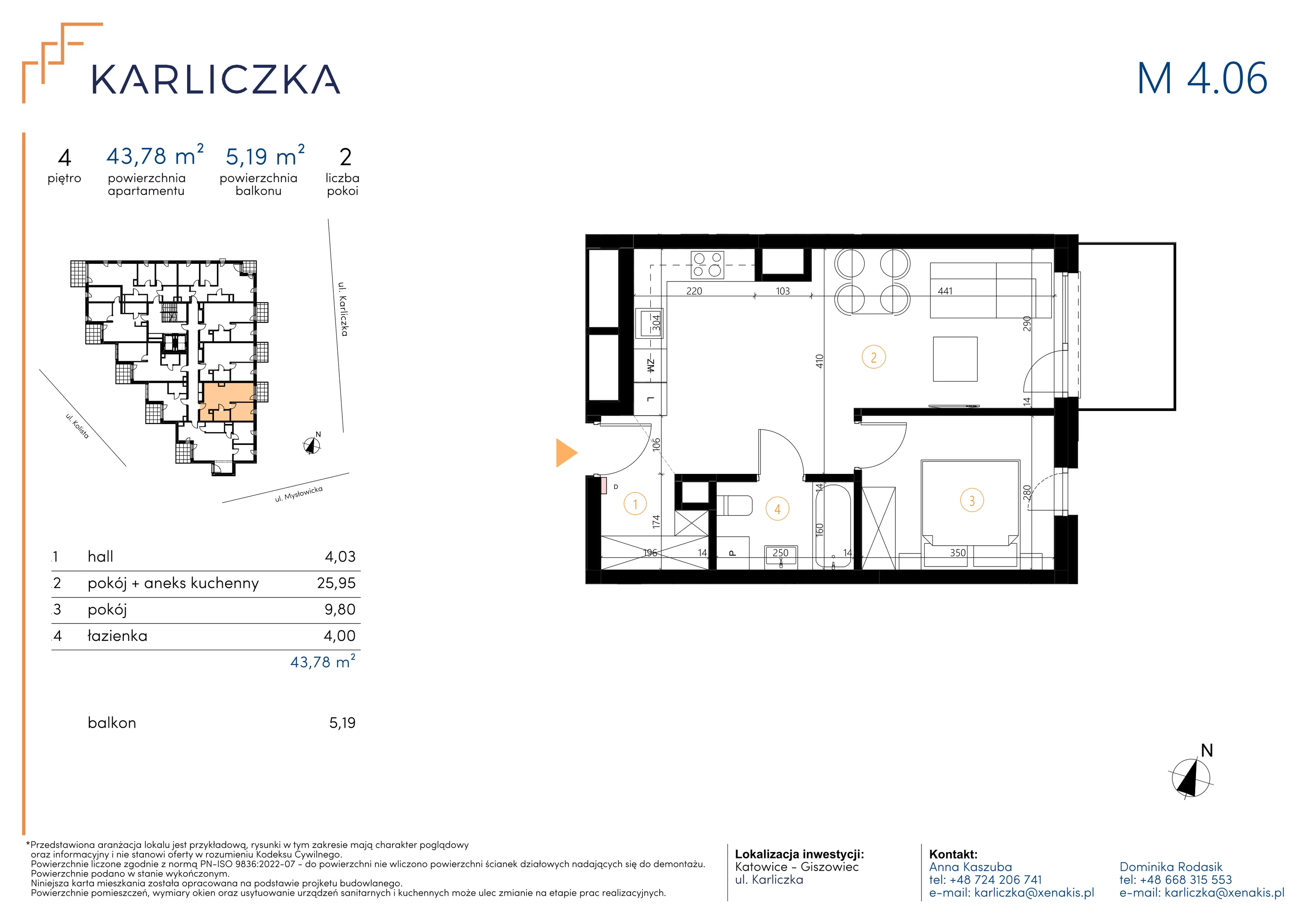 2 pokoje, mieszkanie 43,78 m², piętro 4, oferta nr A.4.06, Karliczka, Katowice, Giszowiec, ul. Karliczka