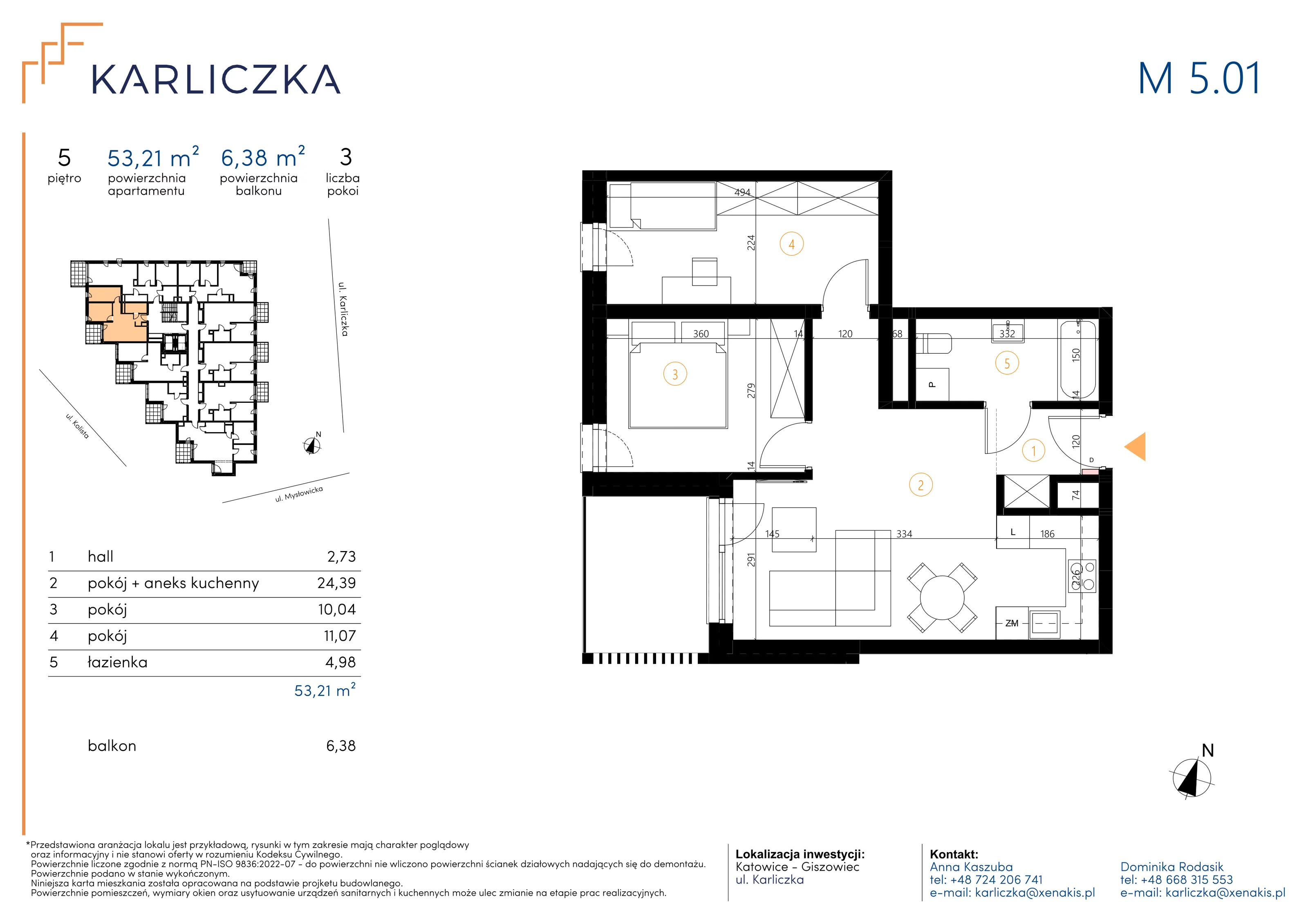 3 pokoje, mieszkanie 53,21 m², piętro 5, oferta nr A.5.01, Karliczka, Katowice, Giszowiec, ul. Karliczka
