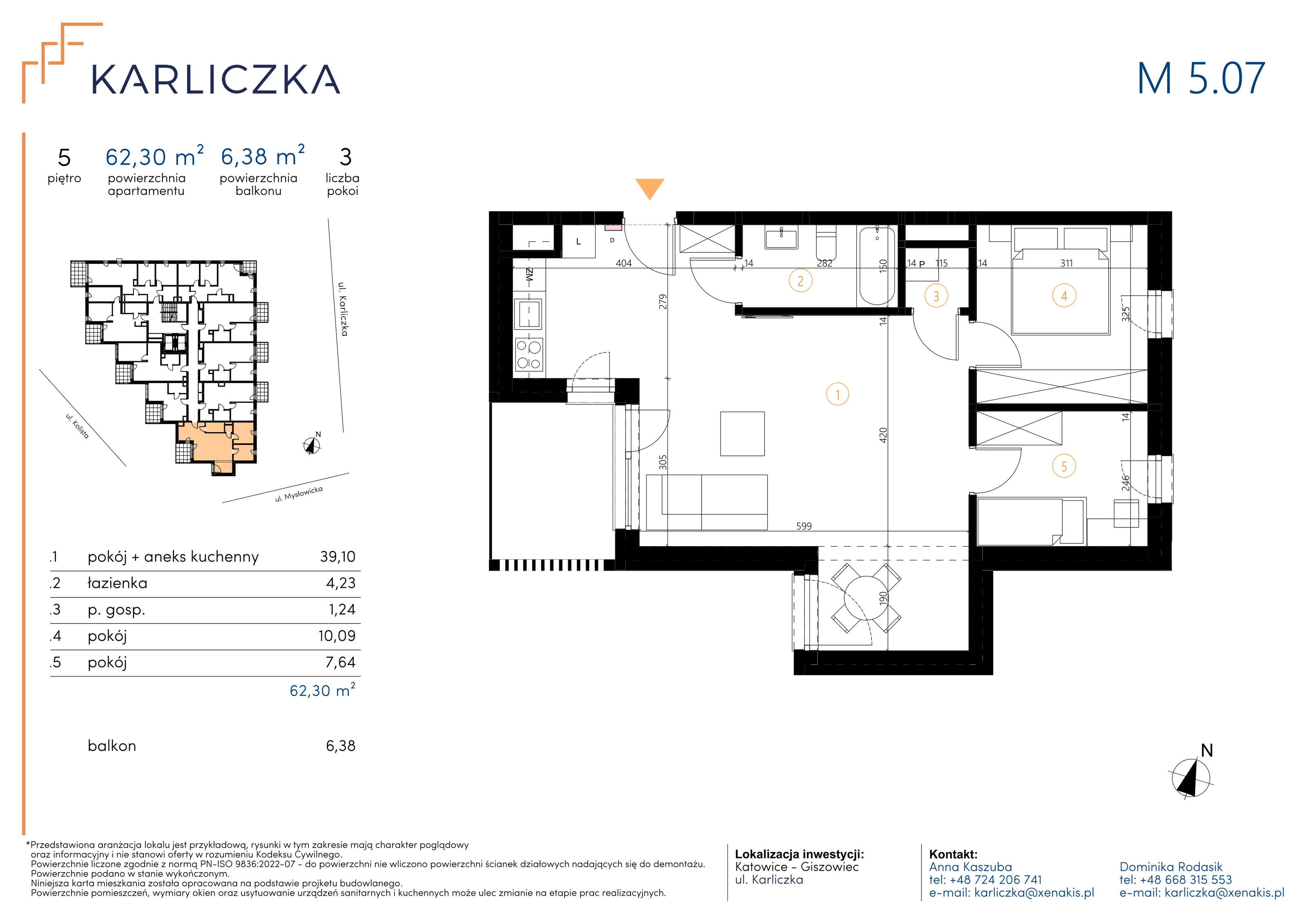 3 pokoje, mieszkanie 62,30 m², piętro 5, oferta nr A.5.07, Karliczka, Katowice, Giszowiec, ul. Karliczka