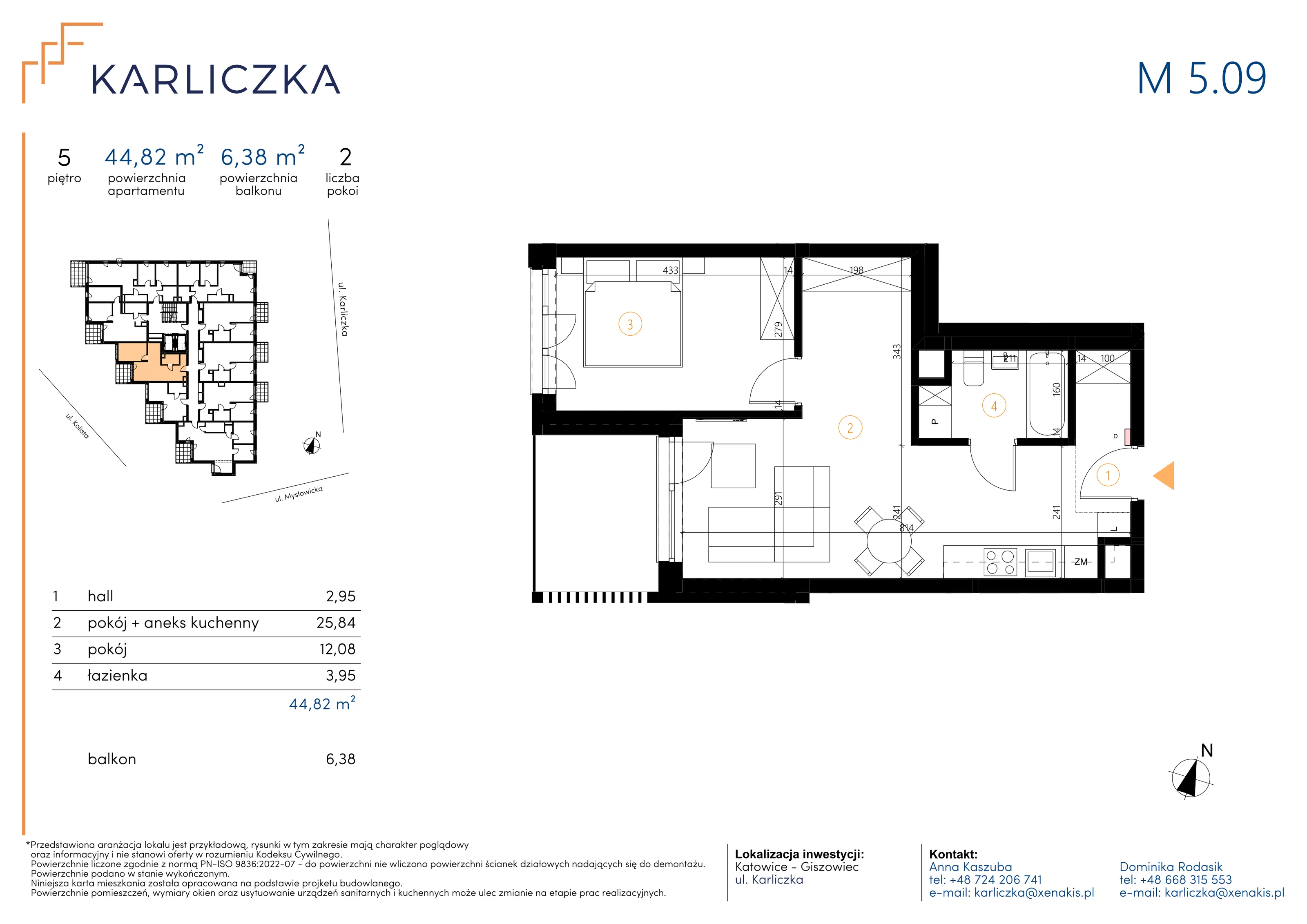 2 pokoje, mieszkanie 44,82 m², piętro 5, oferta nr A.5.09, Karliczka, Katowice, Giszowiec, ul. Karliczka