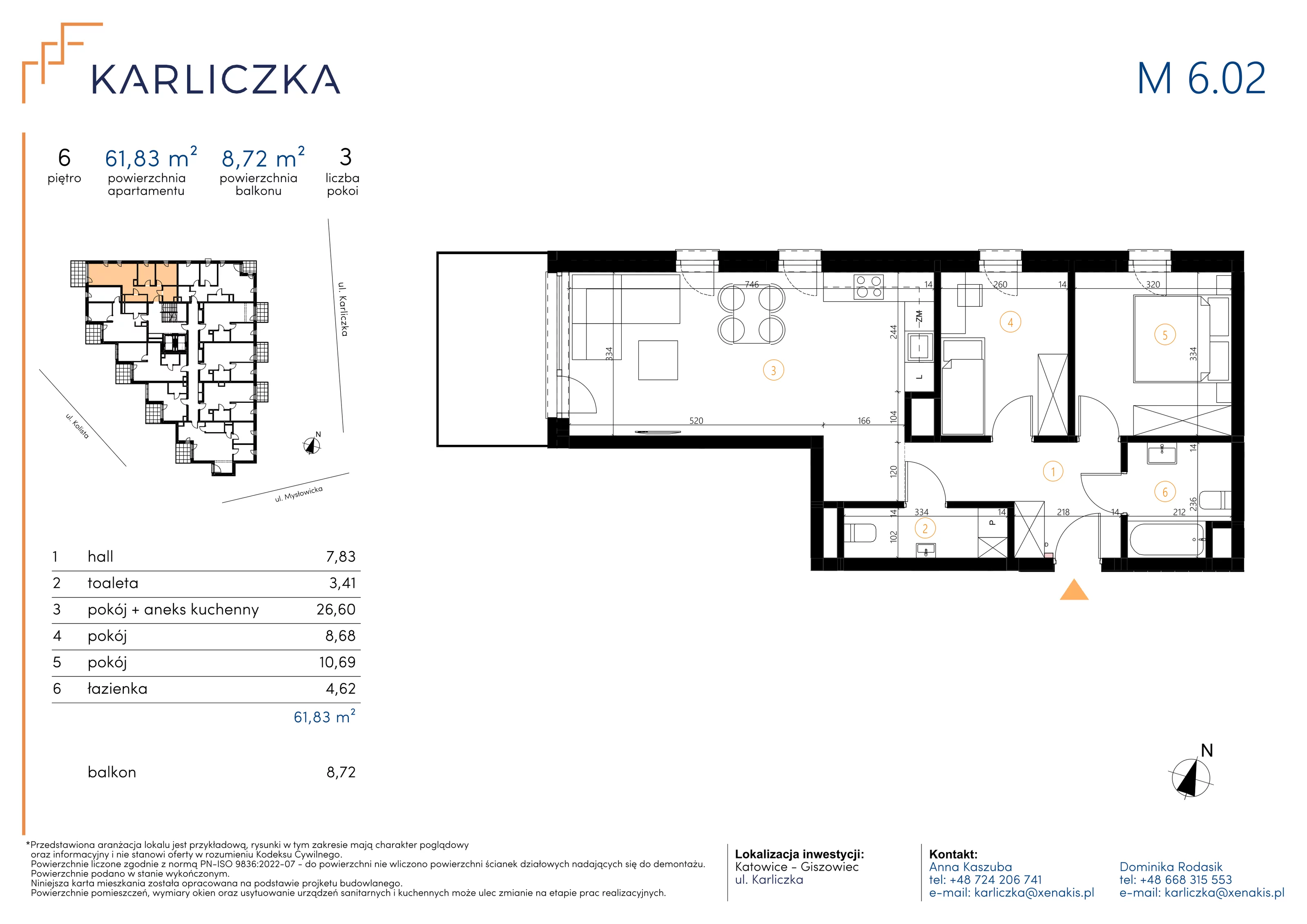 3 pokoje, mieszkanie 61,83 m², piętro 6, oferta nr A.6.02, Karliczka, Katowice, Giszowiec, ul. Karliczka