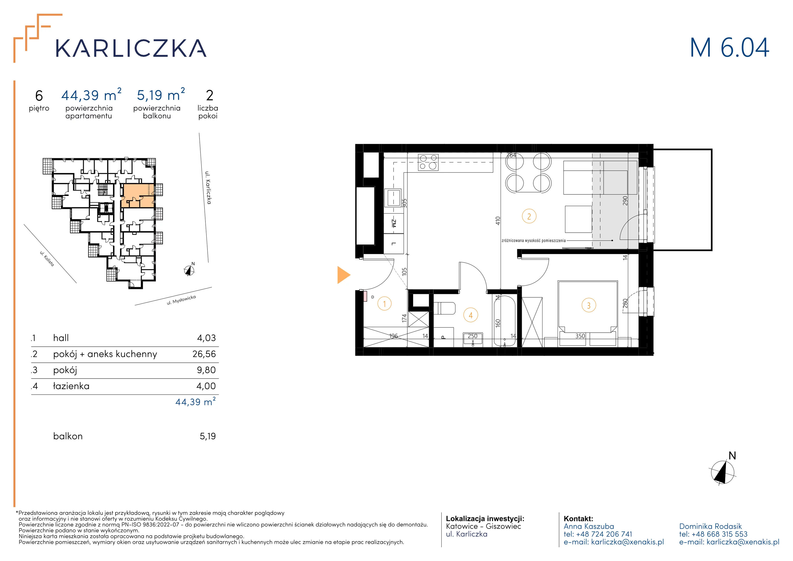 2 pokoje, mieszkanie 44,39 m², piętro 6, oferta nr A.6.04, Karliczka, Katowice, Giszowiec, ul. Karliczka