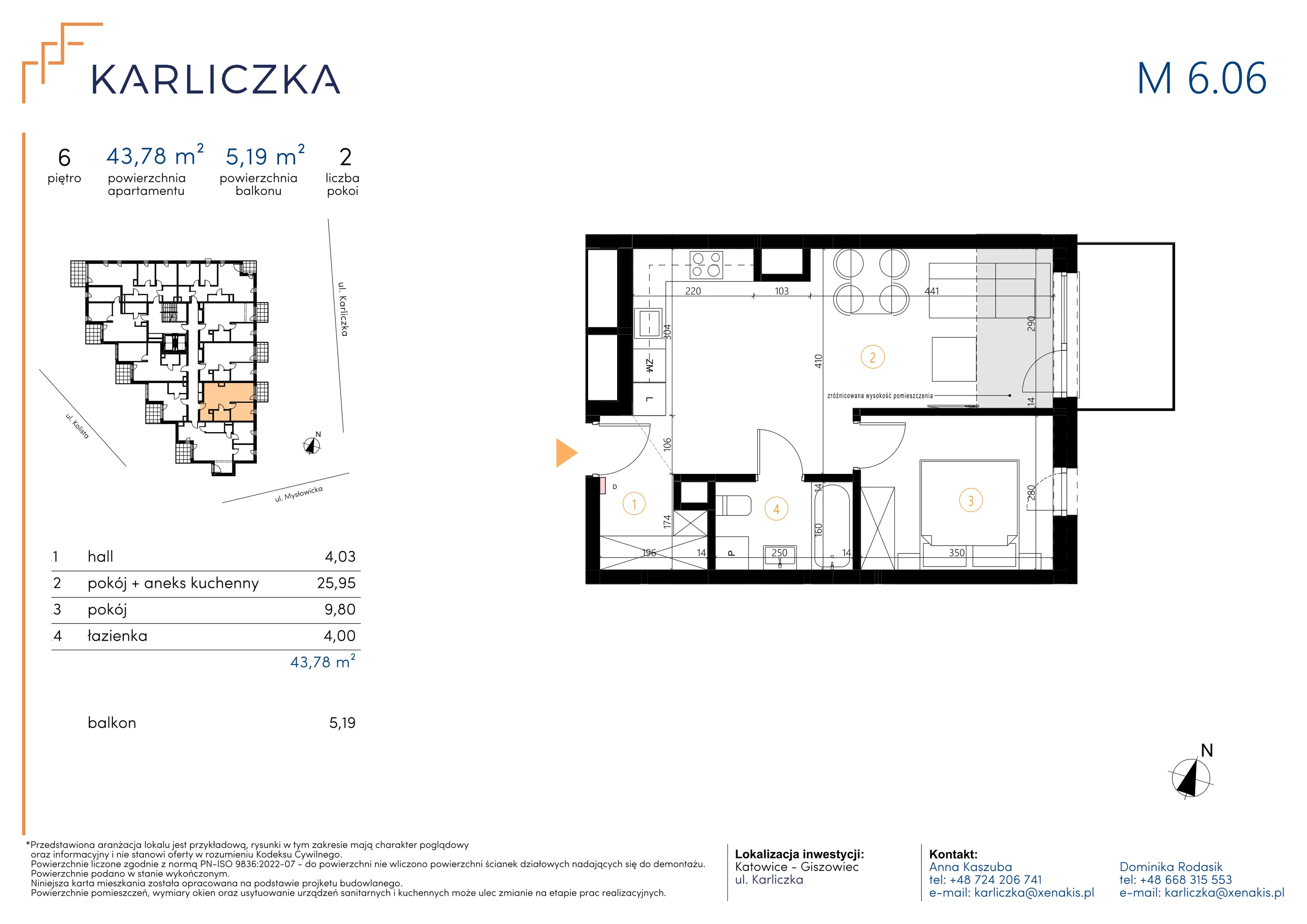 2 pokoje, mieszkanie 43,78 m², piętro 6, oferta nr A.6.06, Karliczka, Katowice, Giszowiec, ul. Karliczka