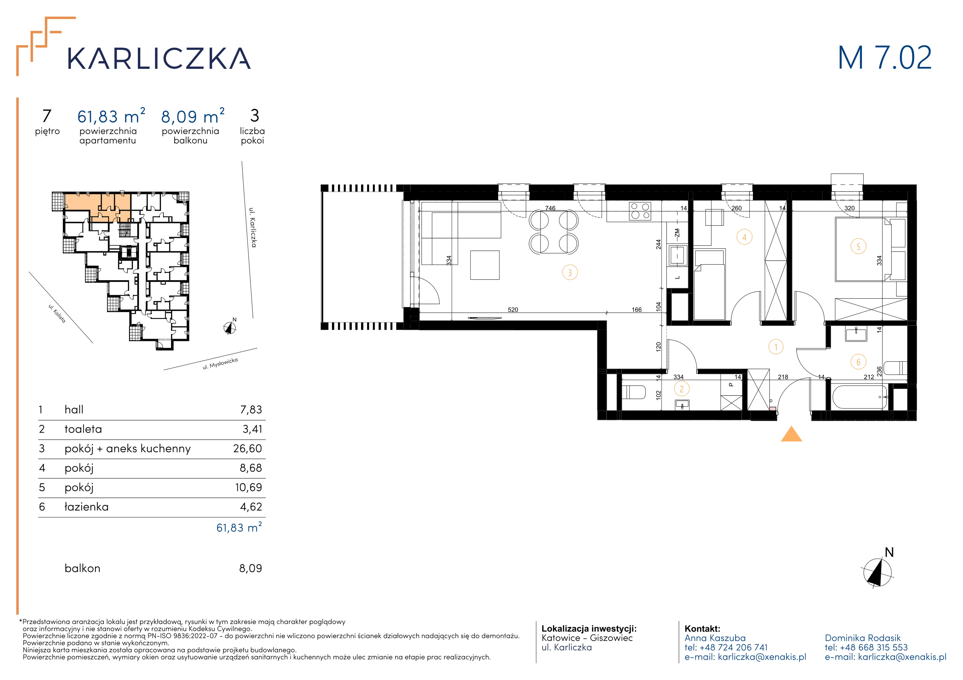 3 pokoje, mieszkanie 61,83 m², piętro 7, oferta nr A.7.02, Karliczka, Katowice, Giszowiec, ul. Karliczka