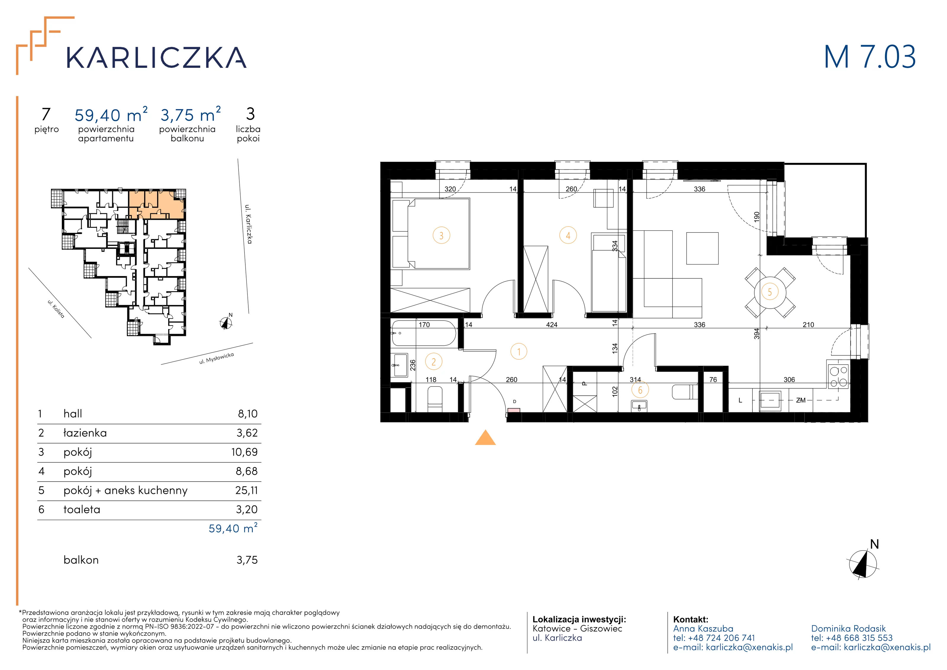 3 pokoje, mieszkanie 59,40 m², piętro 7, oferta nr A.7.03, Karliczka, Katowice, Giszowiec, ul. Karliczka