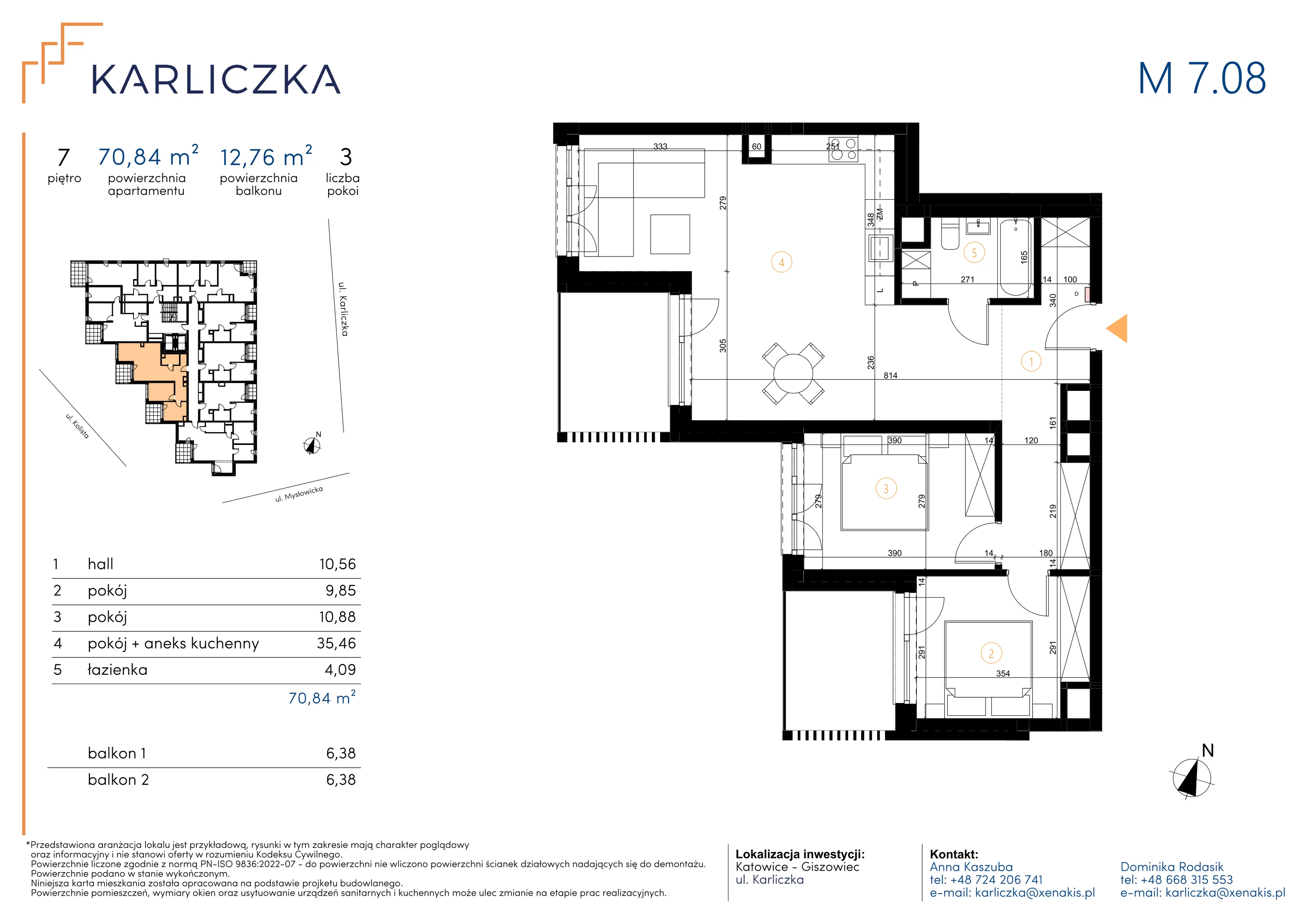 3 pokoje, mieszkanie 70,84 m², piętro 7, oferta nr A.7.08, Karliczka, Katowice, Giszowiec, ul. Karliczka