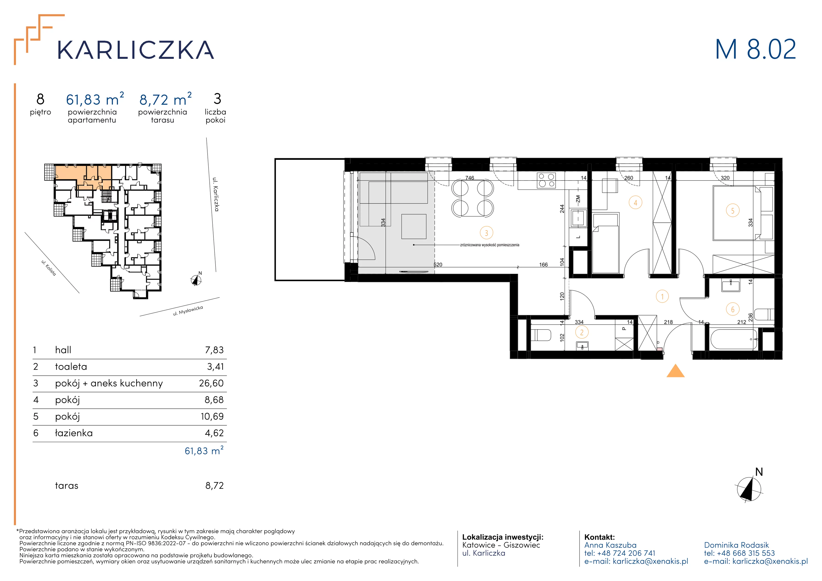 3 pokoje, mieszkanie 61,83 m², piętro 8, oferta nr A.8.02, Karliczka, Katowice, Giszowiec, ul. Karliczka