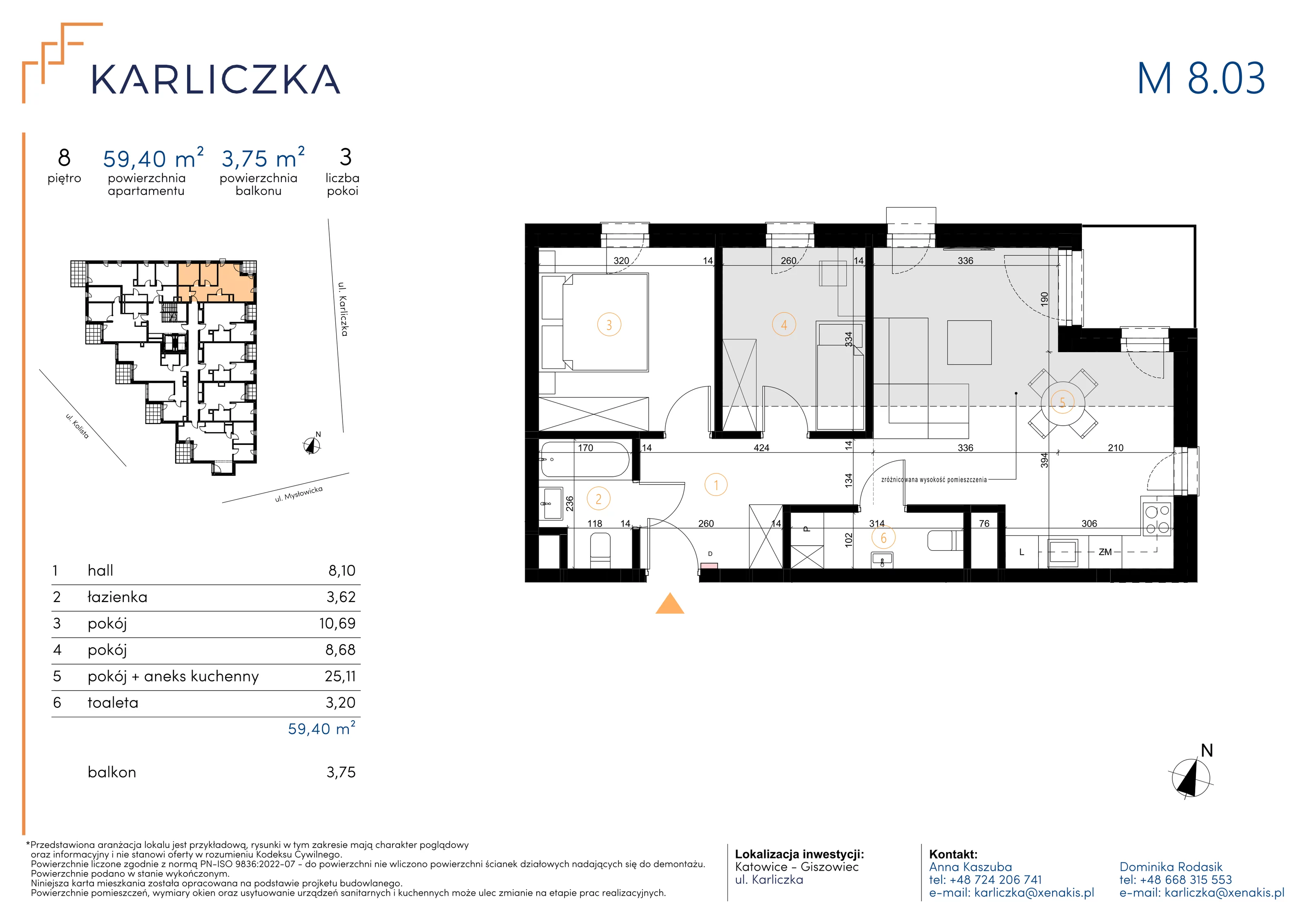 3 pokoje, mieszkanie 59,40 m², piętro 8, oferta nr A.8.03, Karliczka, Katowice, Giszowiec, ul. Karliczka