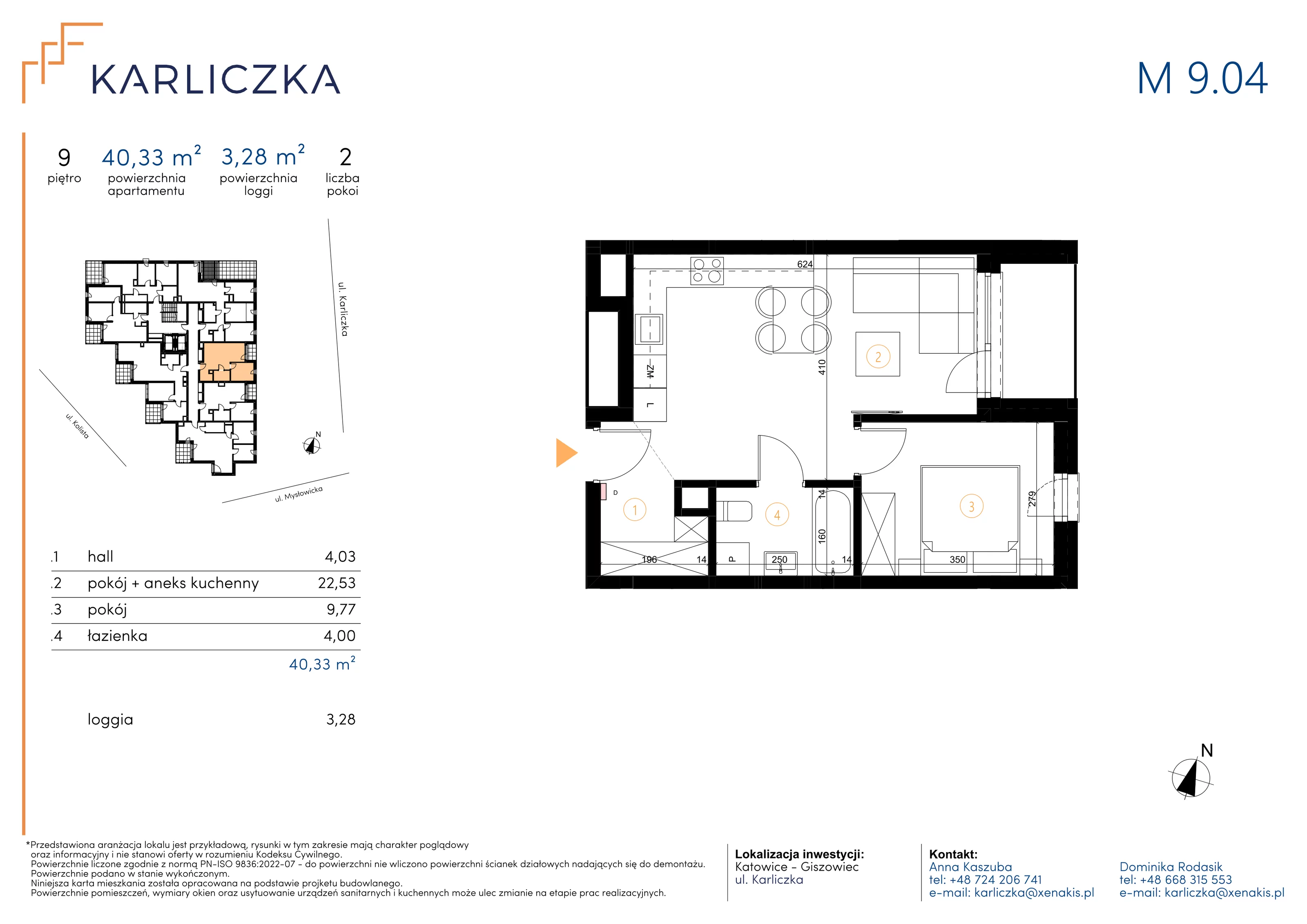 2 pokoje, mieszkanie 40,33 m², piętro 9, oferta nr A.9.04, Karliczka, Katowice, Giszowiec, ul. Karliczka